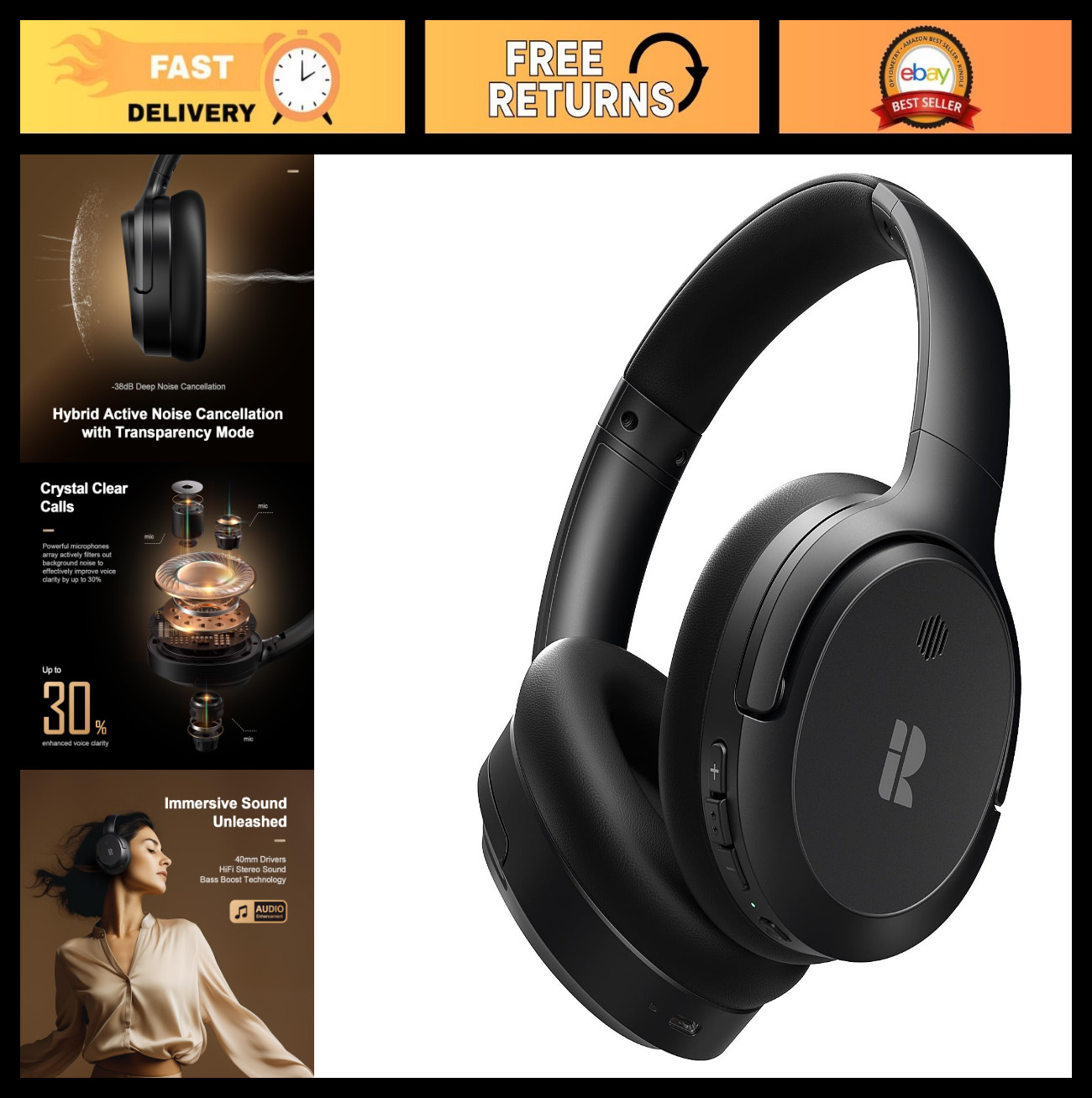 Wireless Bluetooth Headphones, Active Noise Cancelling, 140H Playtime, Deep Bass
