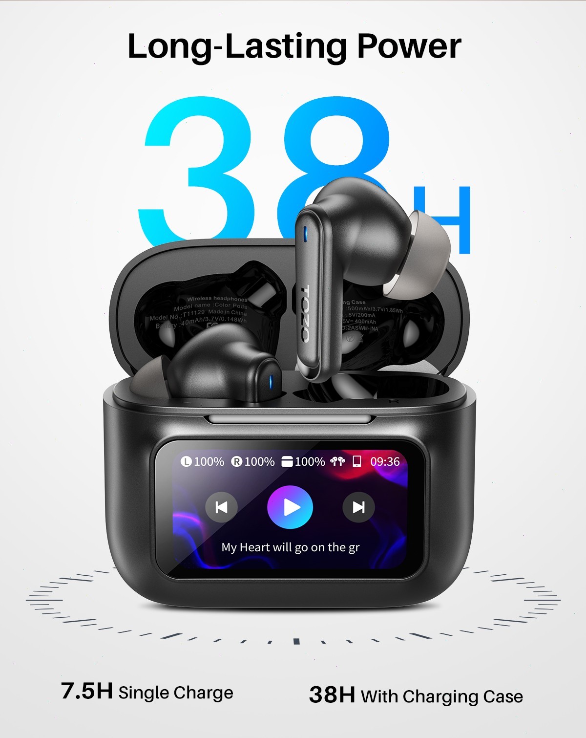 TOZO Hybrid Active Noise Cancelling Earbuds with Smart Touch Screen