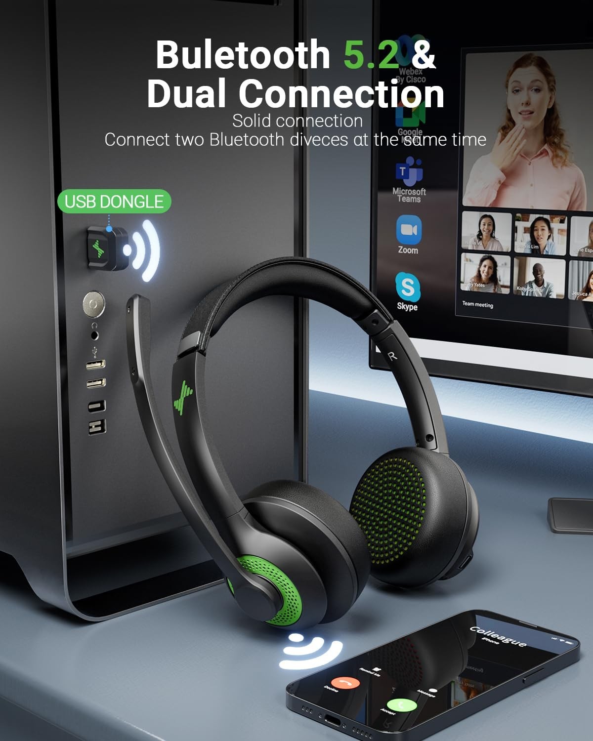 JIAMQISHI EH02 Wireless Headset AI Noise Cancelling Bluetooth V5.2 USB Dongle