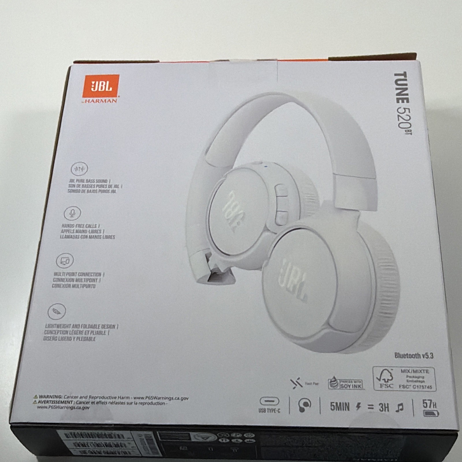 NEW JBL Tune 520BT Pure Bass Wireless Bluetooth ON EAR Headphones 57H White