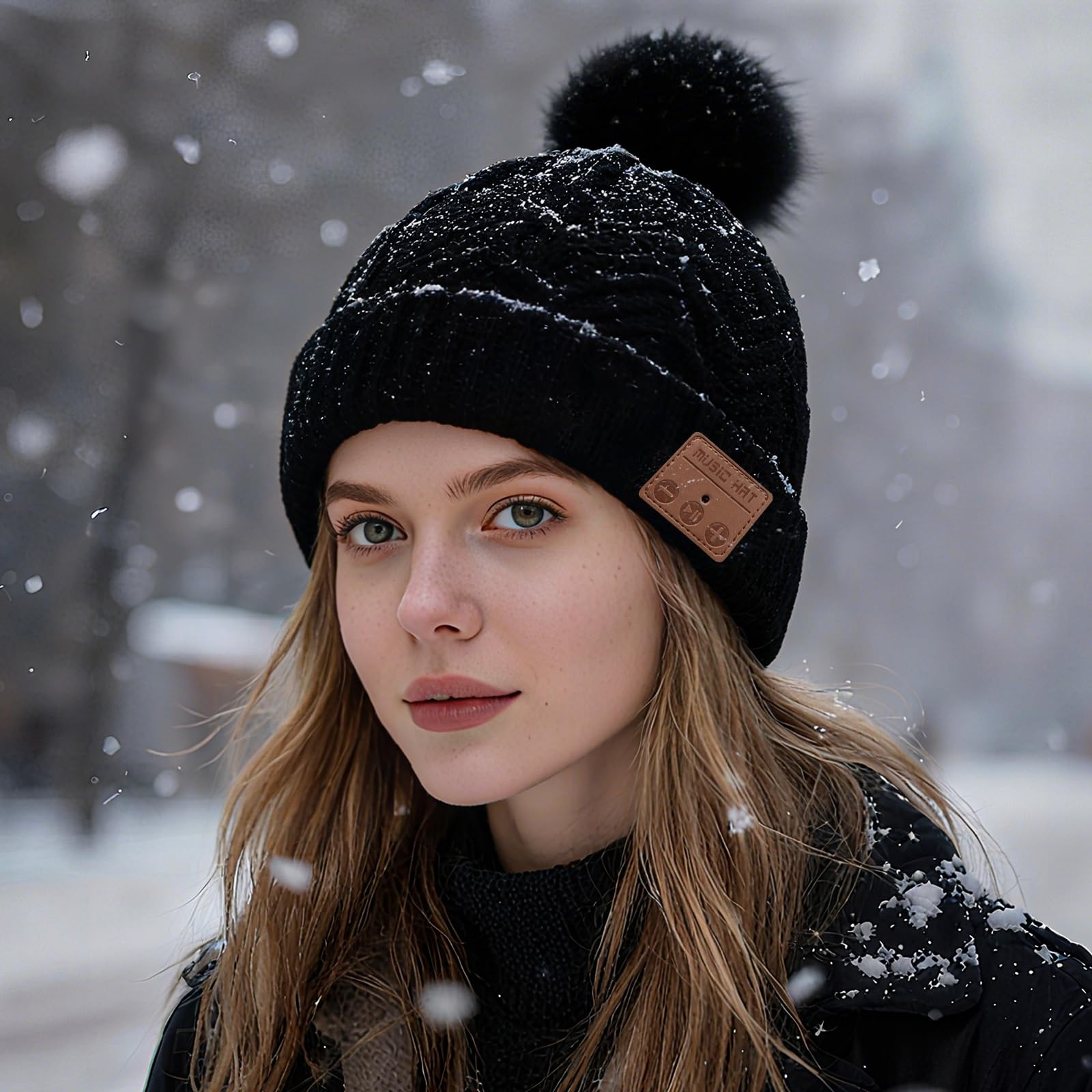 Bluetooth Beanie Hat Women Sport Wireless Music Stereo Headphones Mic Pompon