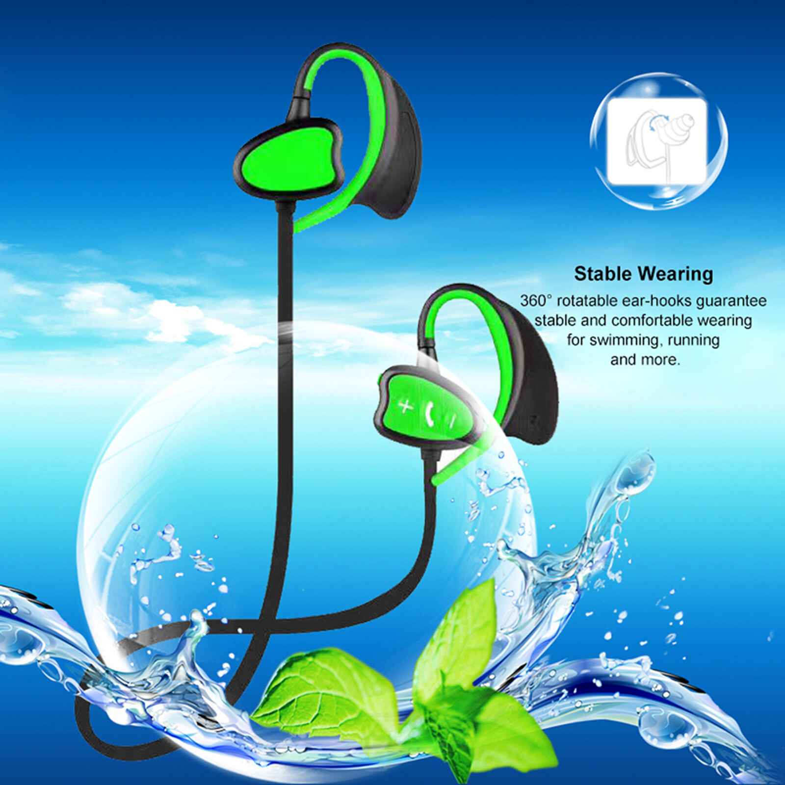 IPX8 Waterproof Headphones for Swimming CSR Stereo G0F5