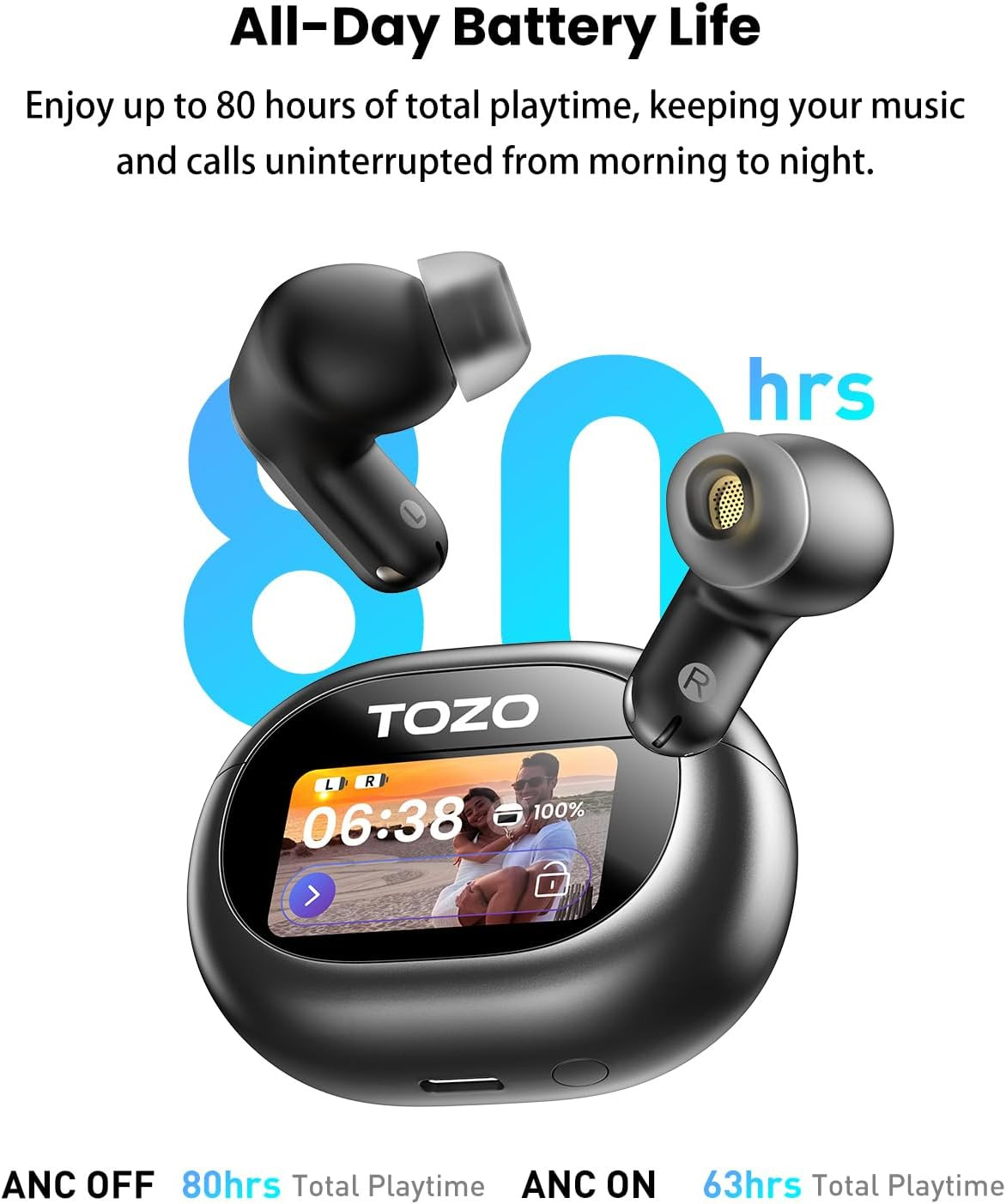 NC20 Pro Active Noise Cancelling Wireless Earbuds with Smart Touch Screen, LDAC
