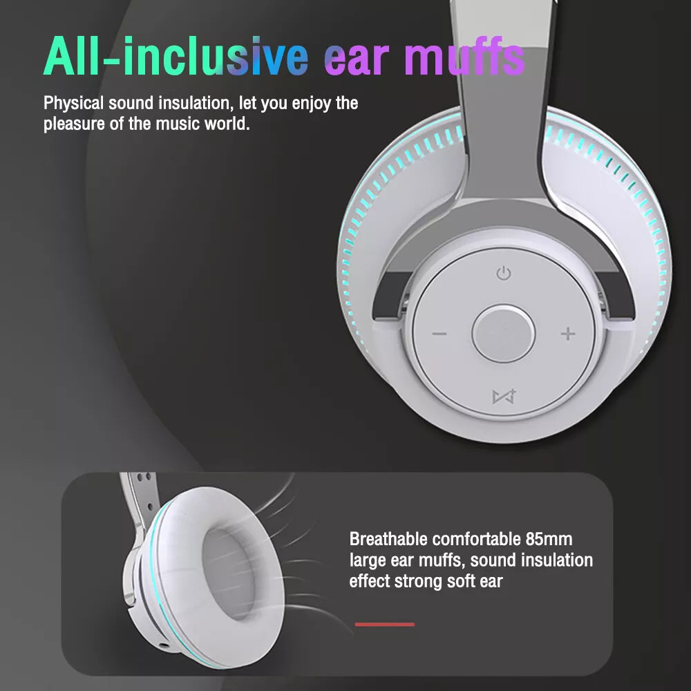 Wireless Bluetooth 5.1 Headphones Over Ear LED Headset Stereo Noise Cancelling
