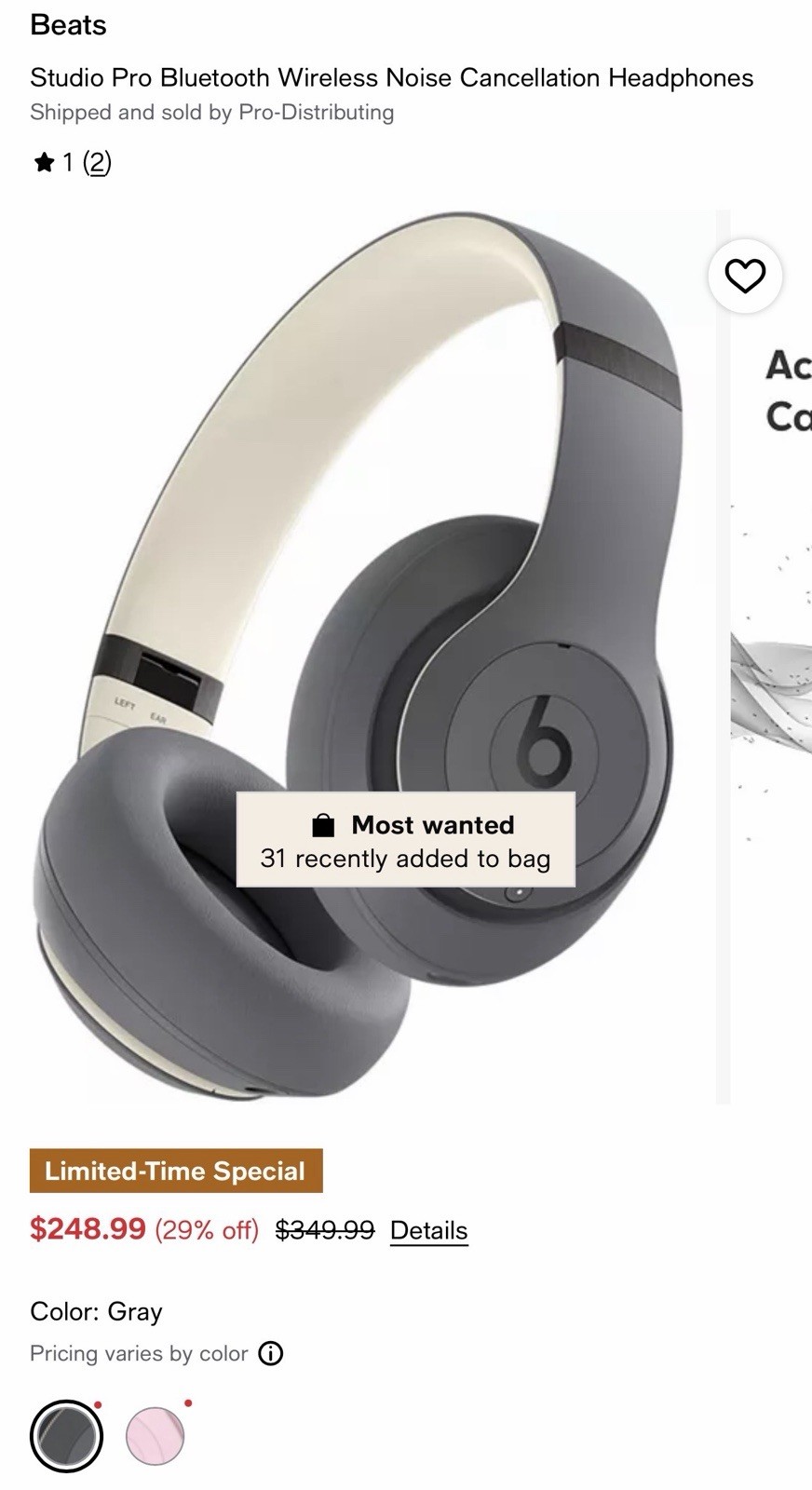 Beats Studio Pro Bluetooth Noise Cancelling Over-Ear Headphones Gray Case