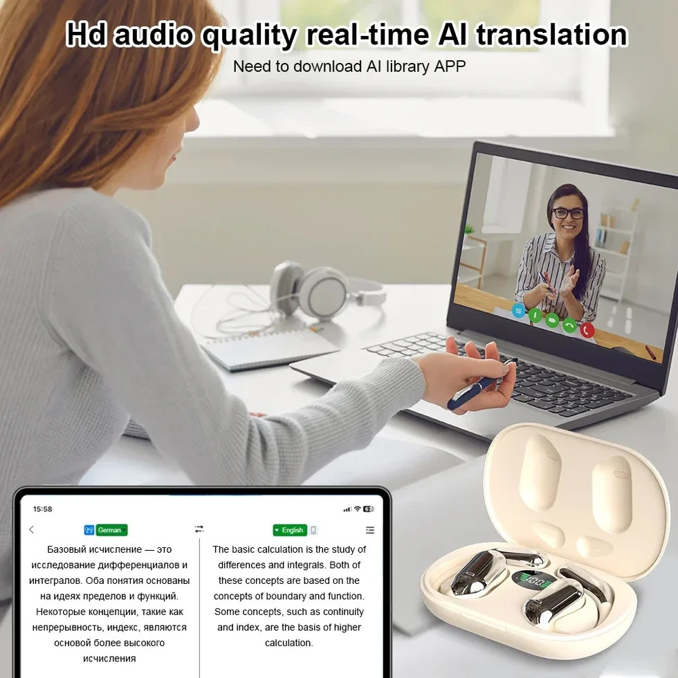 3-in-1 AI Translator Earbuds 144 Languages Noise Cancelling Bluetooth 5.3 Headse