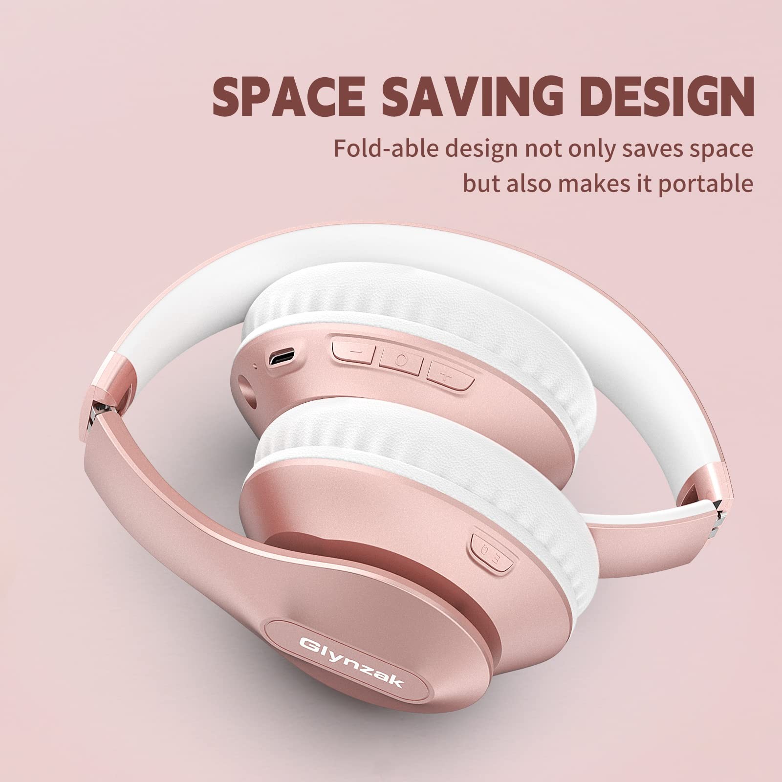 Wireless Bluetooth 6.0 Headphones Over Ear 65H Playtime 6 EQ Mic Rose Gold