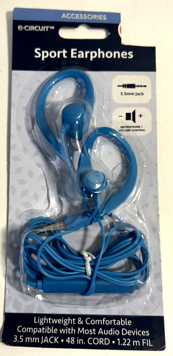 New e-circuit Sport Earphones Ear Buds Blue Built-in Mic., 3.5mm lightweight