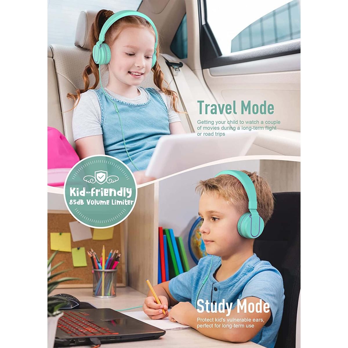 WIRED FOLDABLE HEADPHONES FOR KIDS WATER GREEN JACK 3.5MM