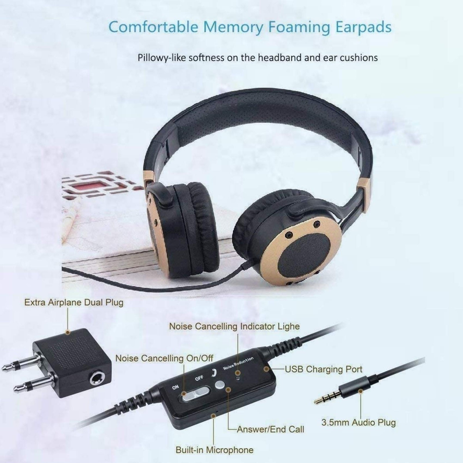 Active Noise Cancelling Headphones with Microphone, Travel-Friendly, Hi-Fi Deep