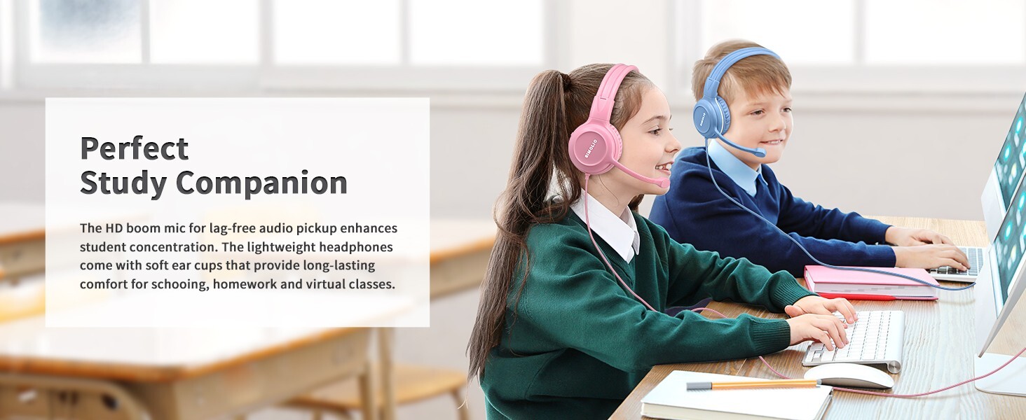 SIMOLIO 4 color Kids Headphones & Boom Microphone for School – iPad, PC, Laptop