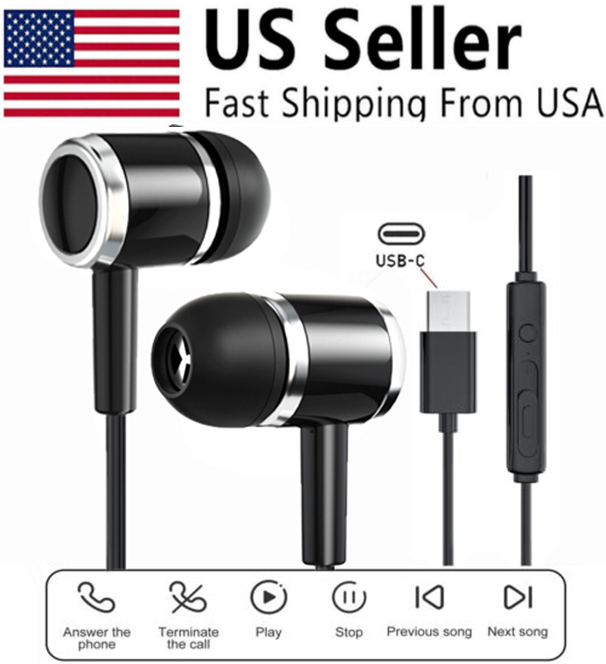 Type C Headphones Earbuds in Ear Earphones w/ Mic For Google Pixel Samsung S23
