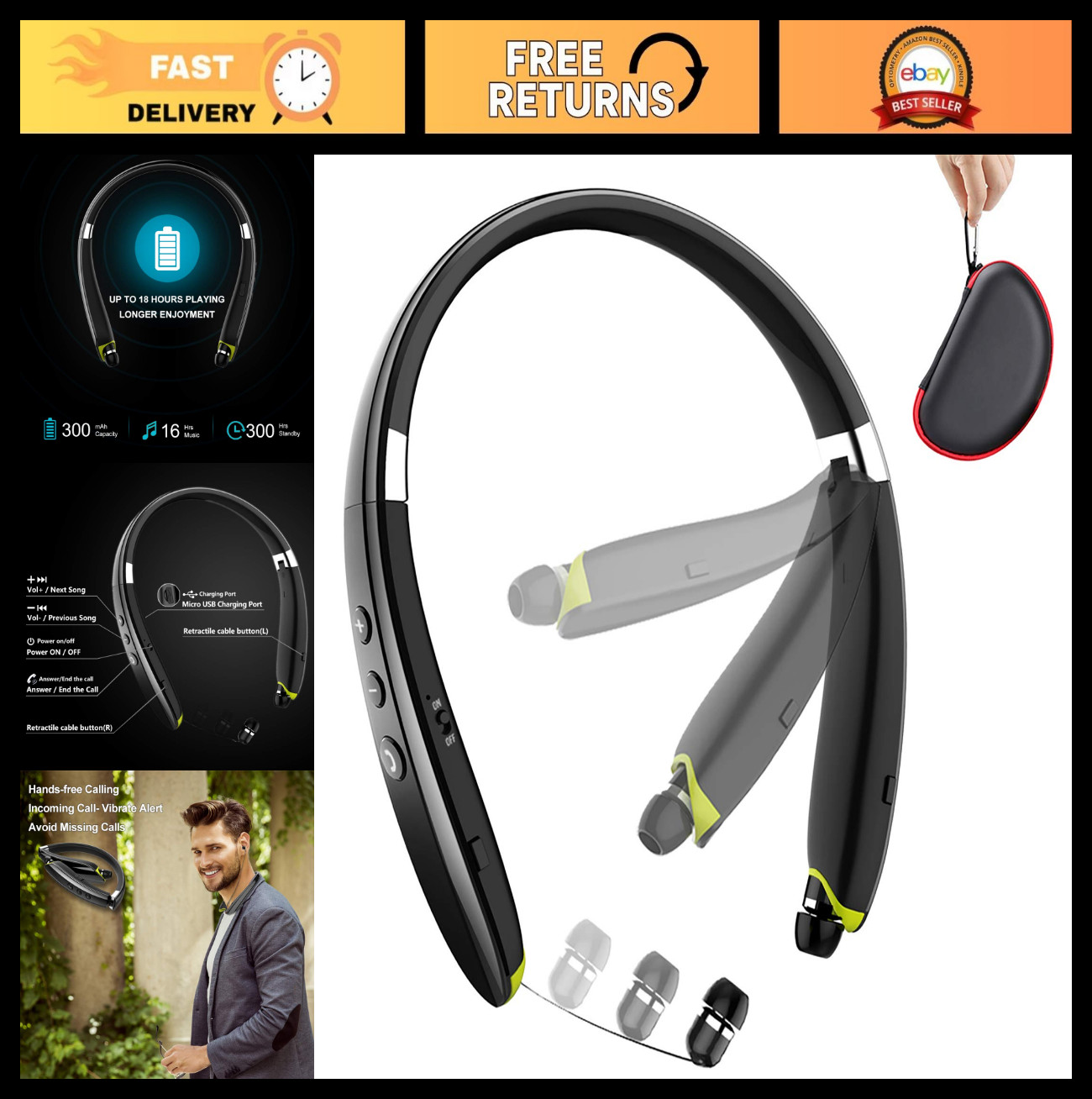 Wireless Bluetooth Neckband Headphones, Foldable Retractable Earbuds, Noise Canc
