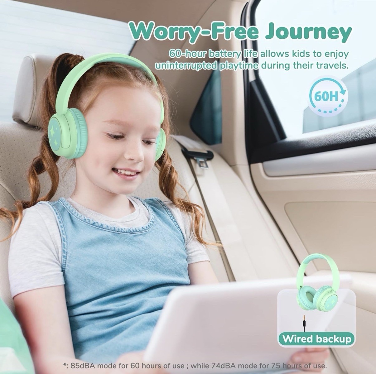 iClever BTH22 Kids Bluetooth Headphones, 60H Play Time, 74/85 dBA Light Green