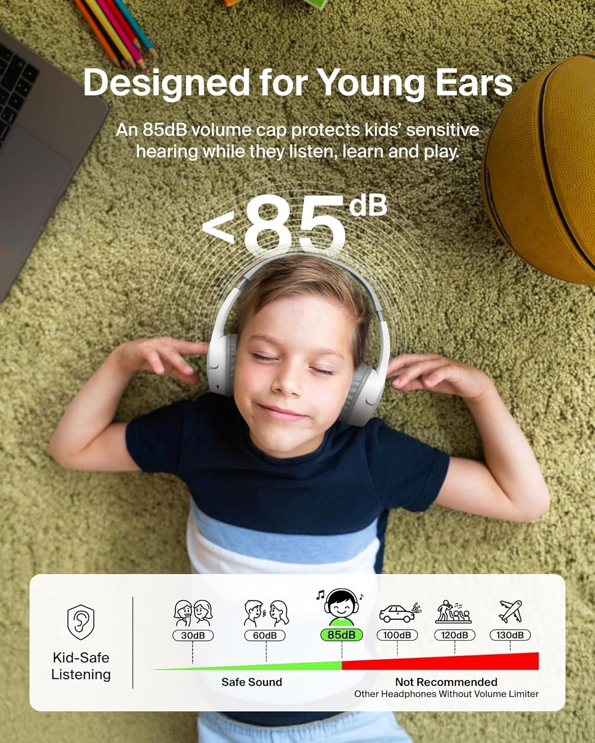 Belkin Wireless Kids Headphones, Volume Limited, 30H Fast Charge, School, White