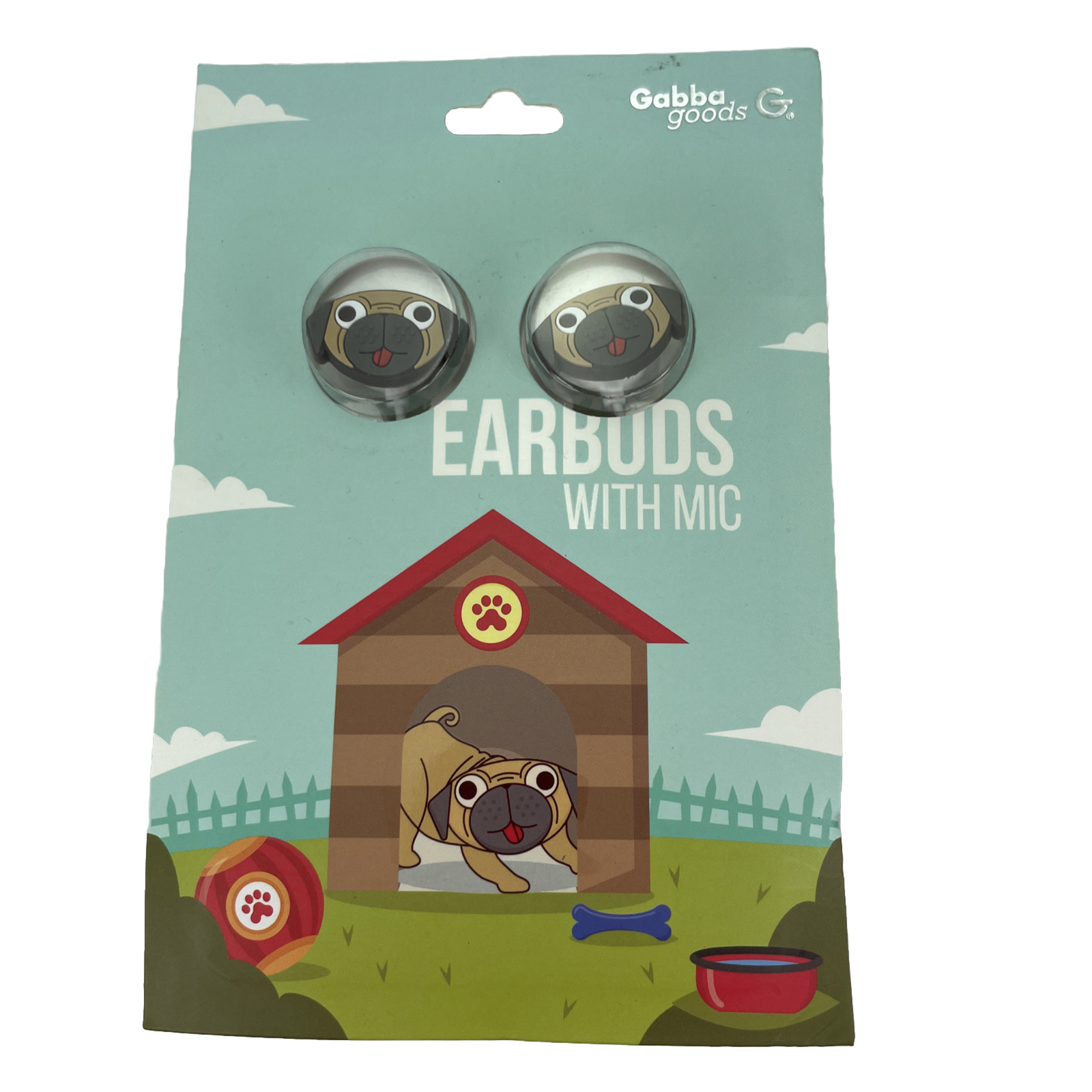 Gabba Goods Pug Dog Earbuds Headphones with Mic, White Cable NEW Sealed