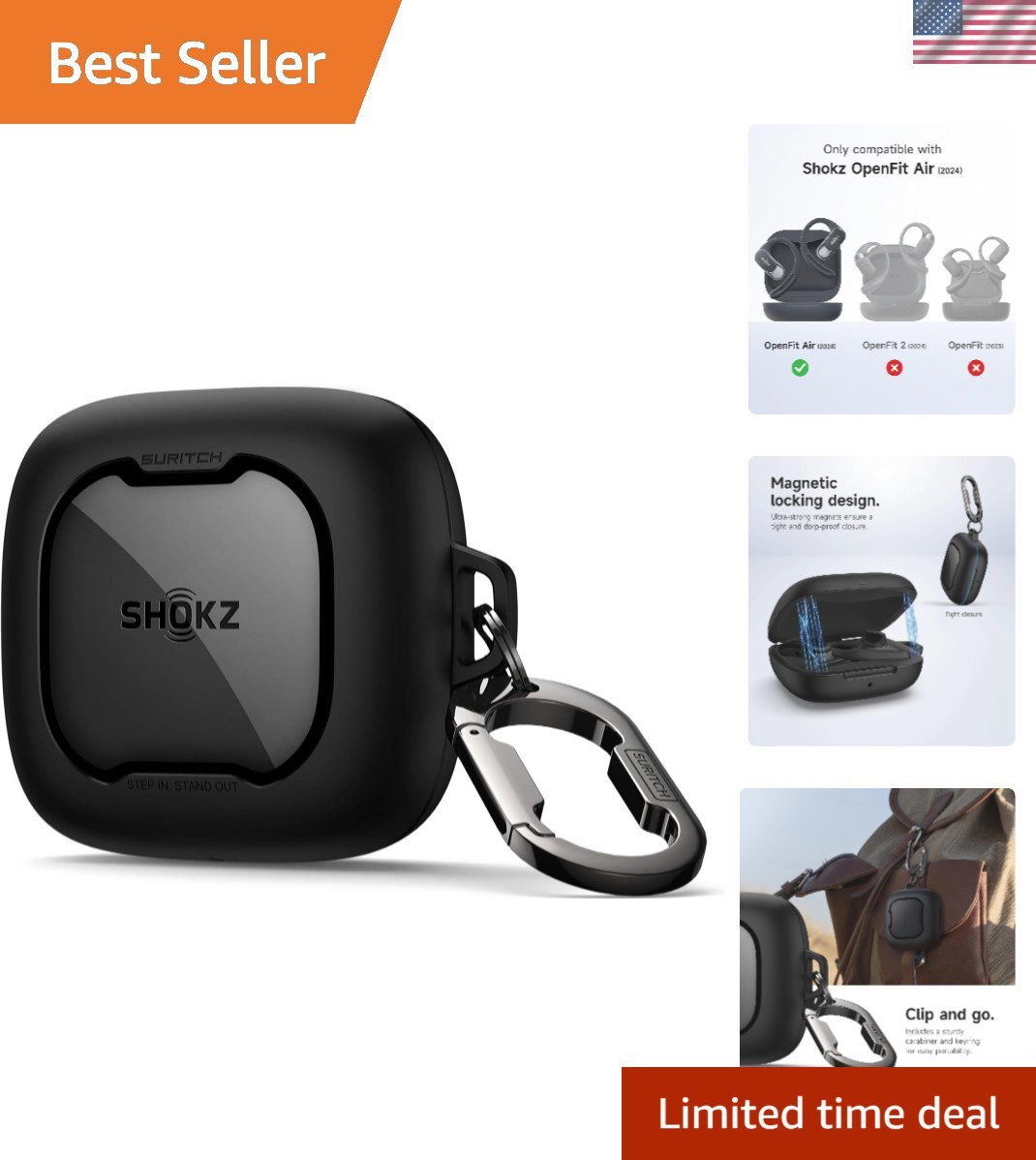 SHOKZ OpenFit Air Magnetic Locking Case – Shockproof Bumper with Carabiner
