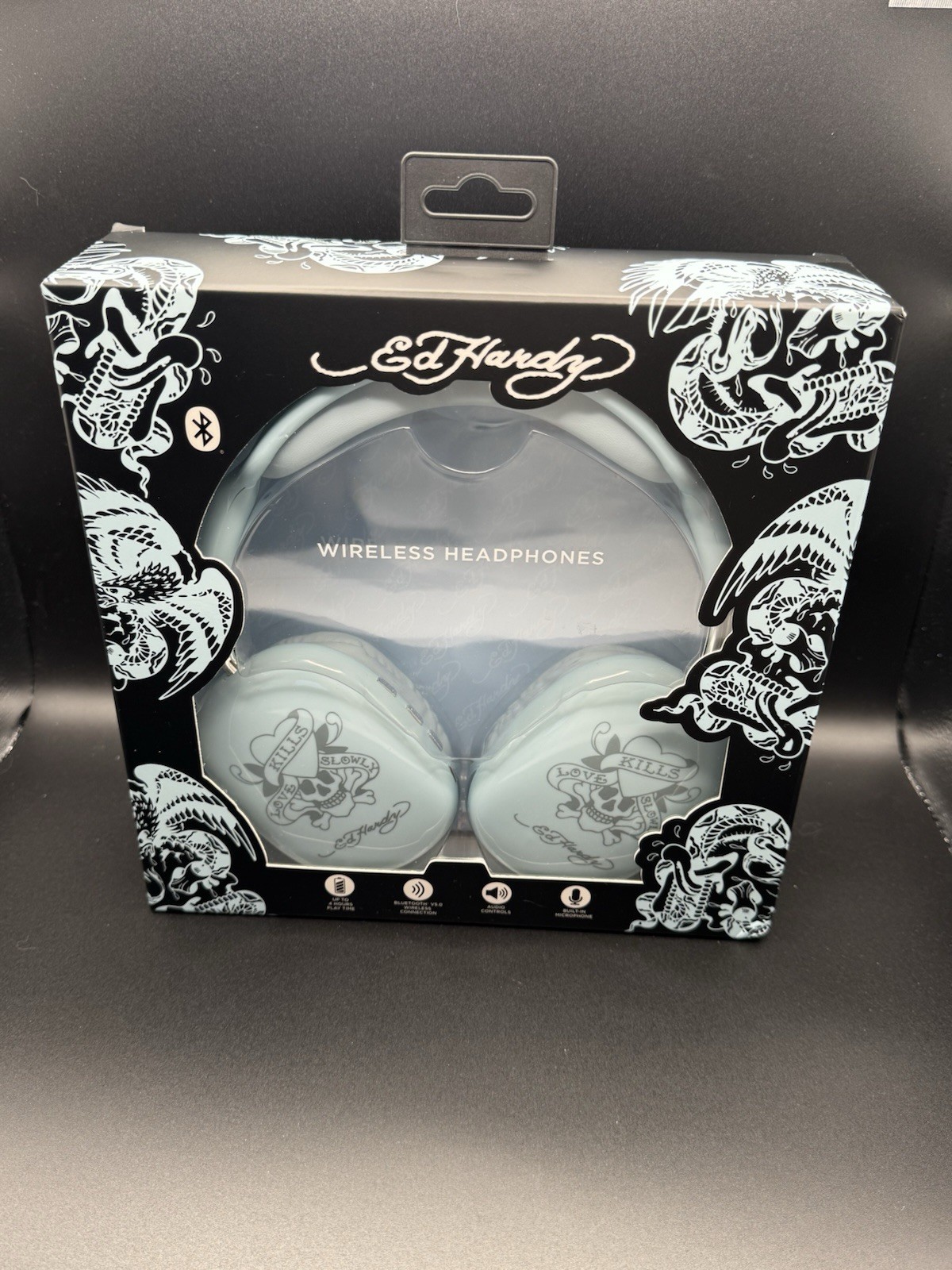 Ed Hardy V5.0 Wireless Bluetooth Over-Ear Headphones w/ Mic, White/Black