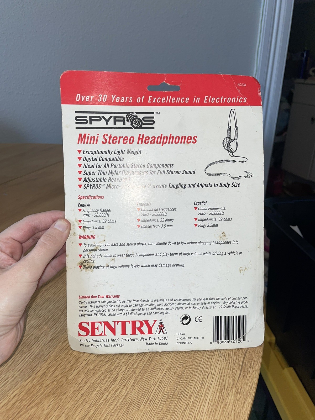 Vintage SENTRY SPYROS Slim COILED CORD Grey Gray Stereo Headphone Ear Pads