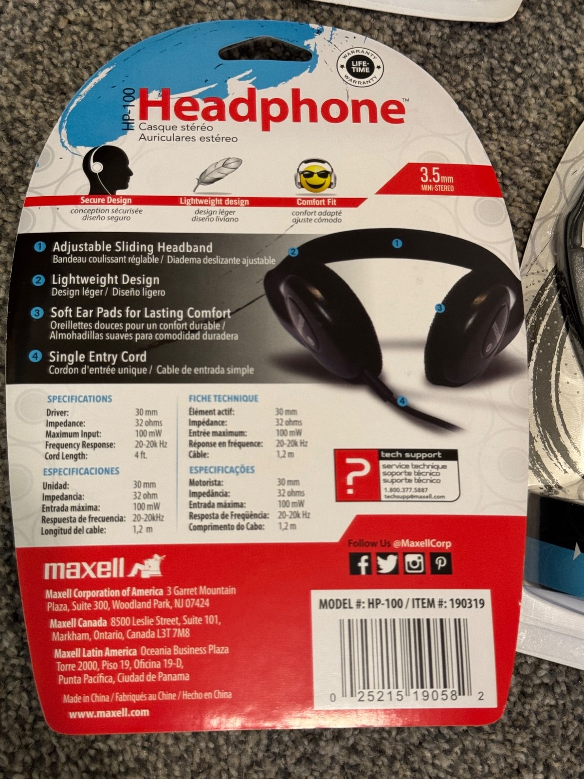 Lot of 6 pairs – Maxell HP-100 Lightweight Adjustable Stereo Headphones wired