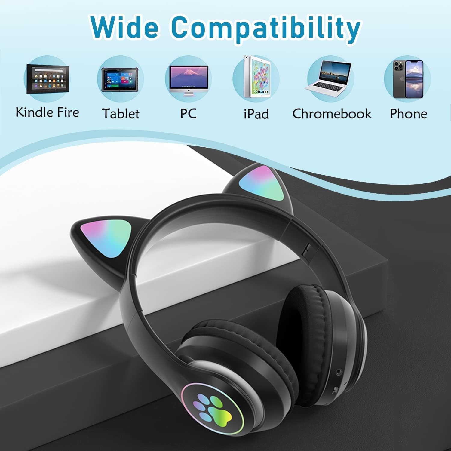Kids Wireless Bluetooth Cat Ear Headphones LED Light Over Ear Headset