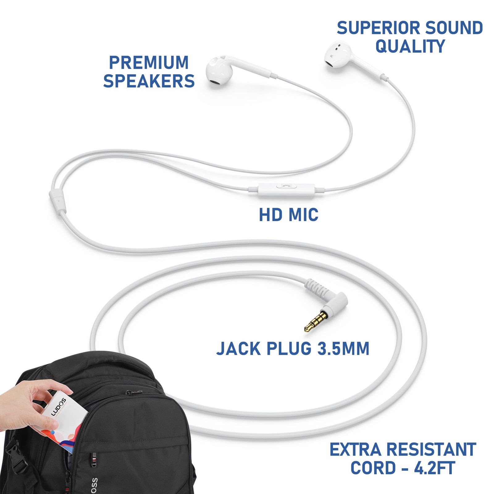 LUDOS Zenith Wired Earbuds in-Ear Headphones, 5 Year Warranty, White
