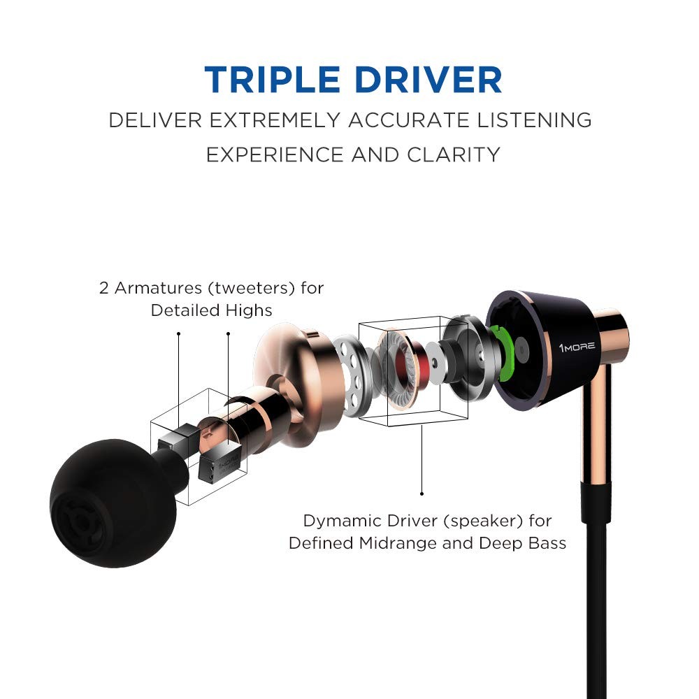 1MORE Hi-Res In-Ear Triple Driver Earphones Headphones Gold/Black (Cable Incl)