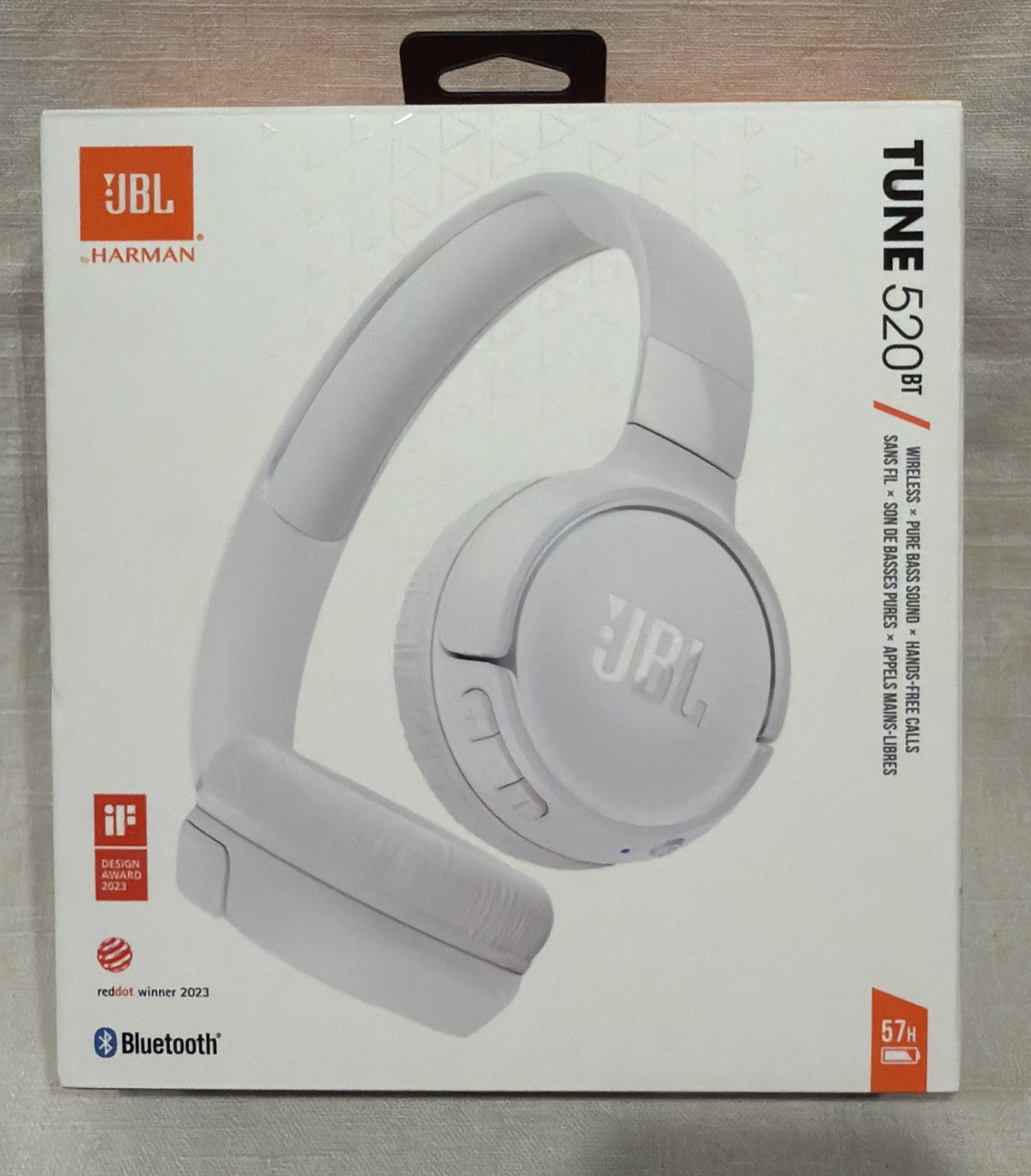 JBL Tune 520BT Pure Bass Wireless Bluetooth Headphones (White)