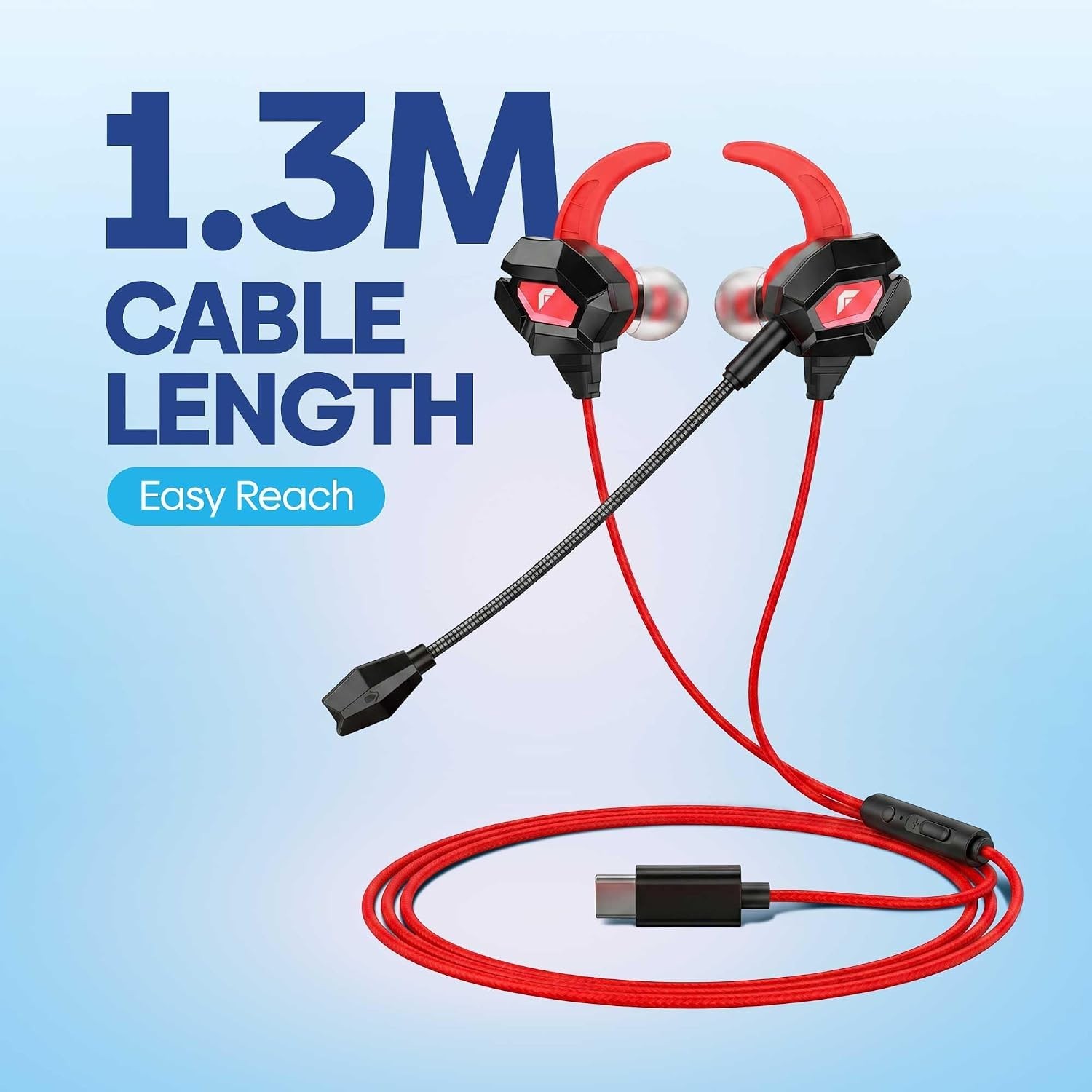 FASTER GH-1C USB-C Wired Gaming Earphones, Detachable Mic, 10mm Driver