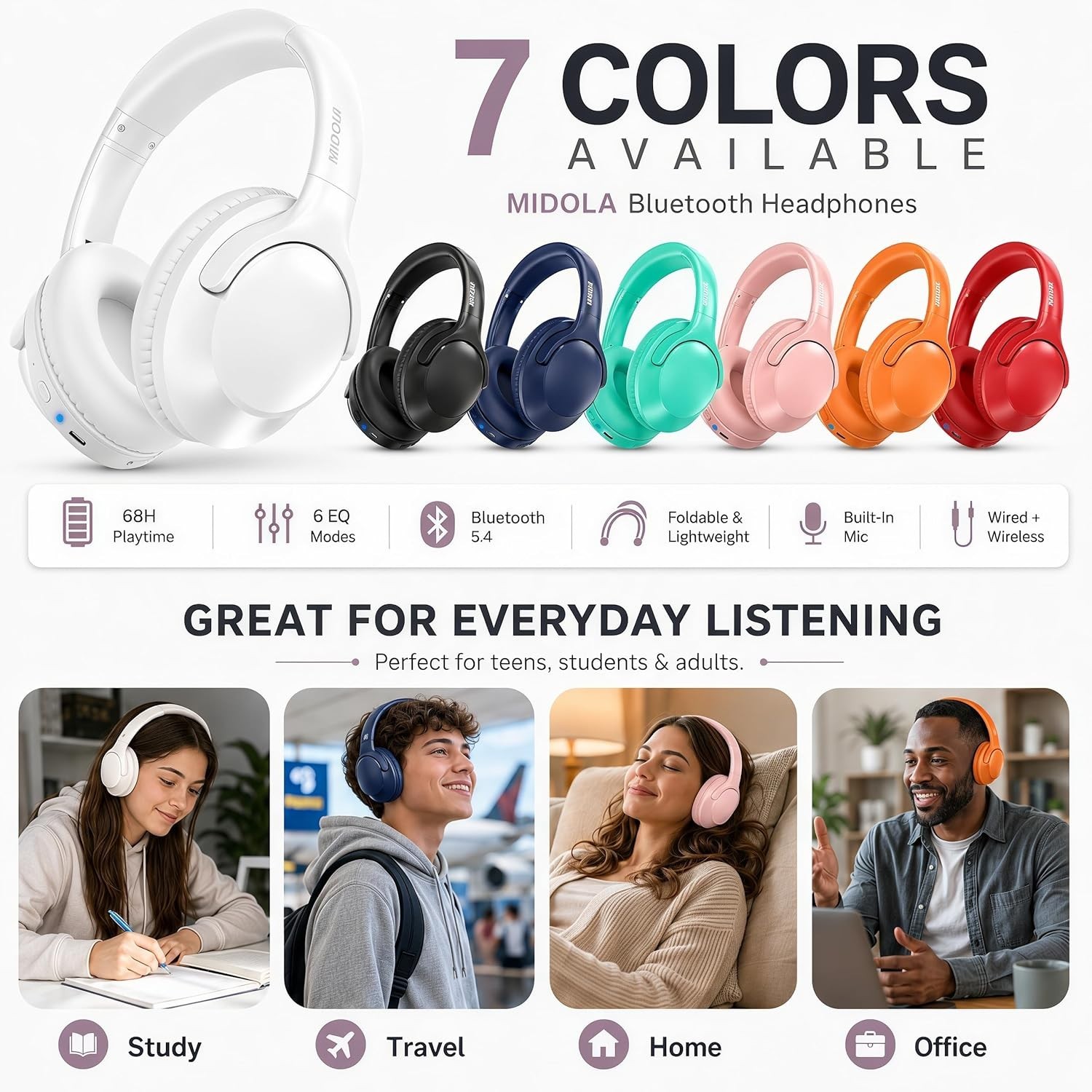 Comfortable Over-Ear Bluetooth Headphones with 68H Playtime & Sound Isolation