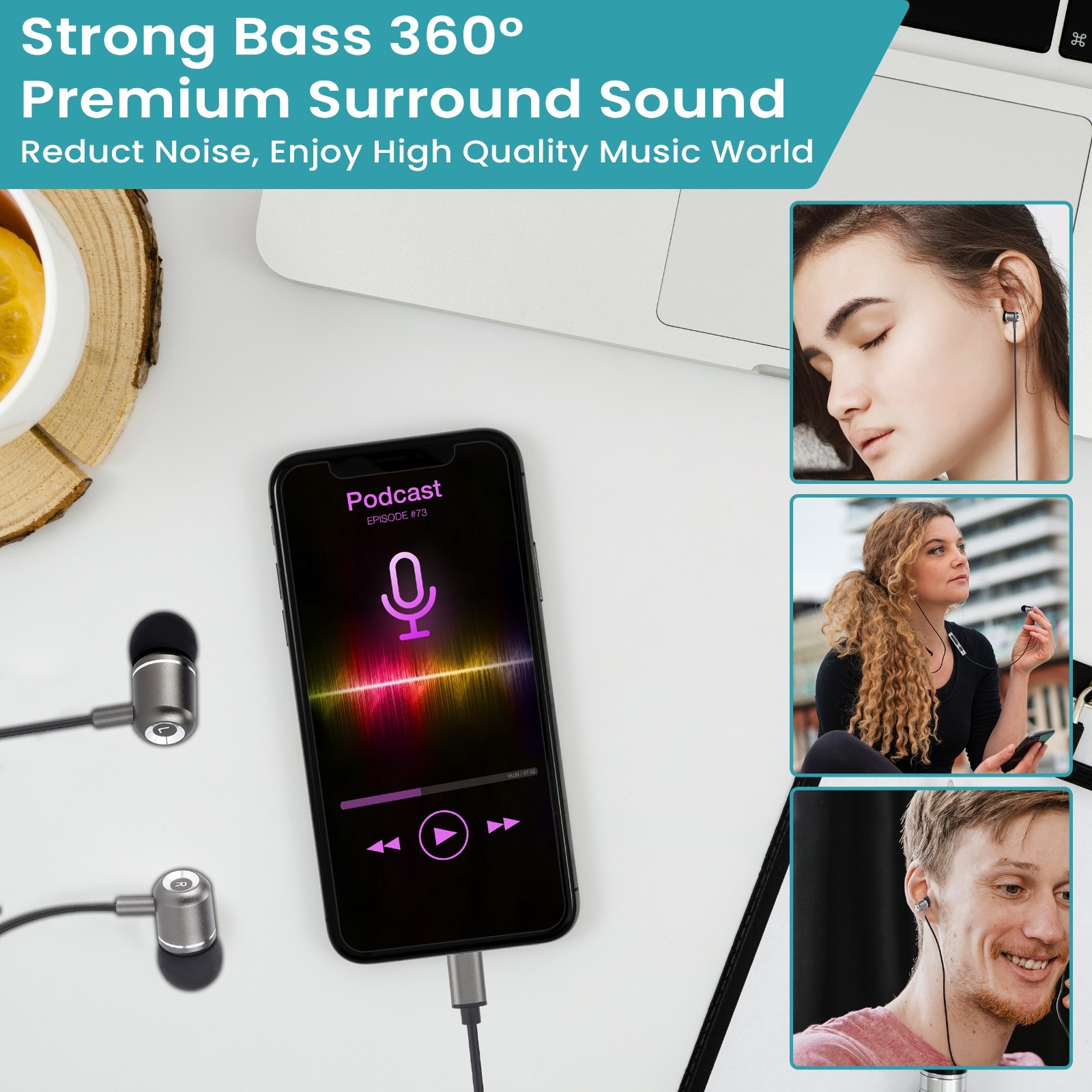 Earbuds Aux, USB-C-Lightning with leather case