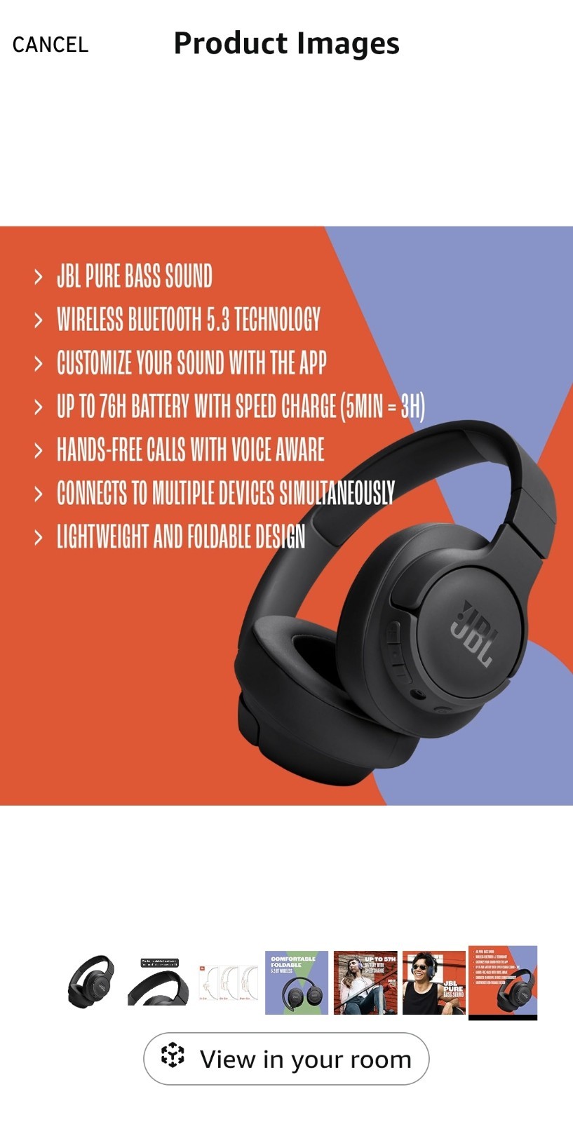 JBL Tune 720BT – Wireless Over-Ear Headphones with JBL Up To 76H Bluetooth 5.3