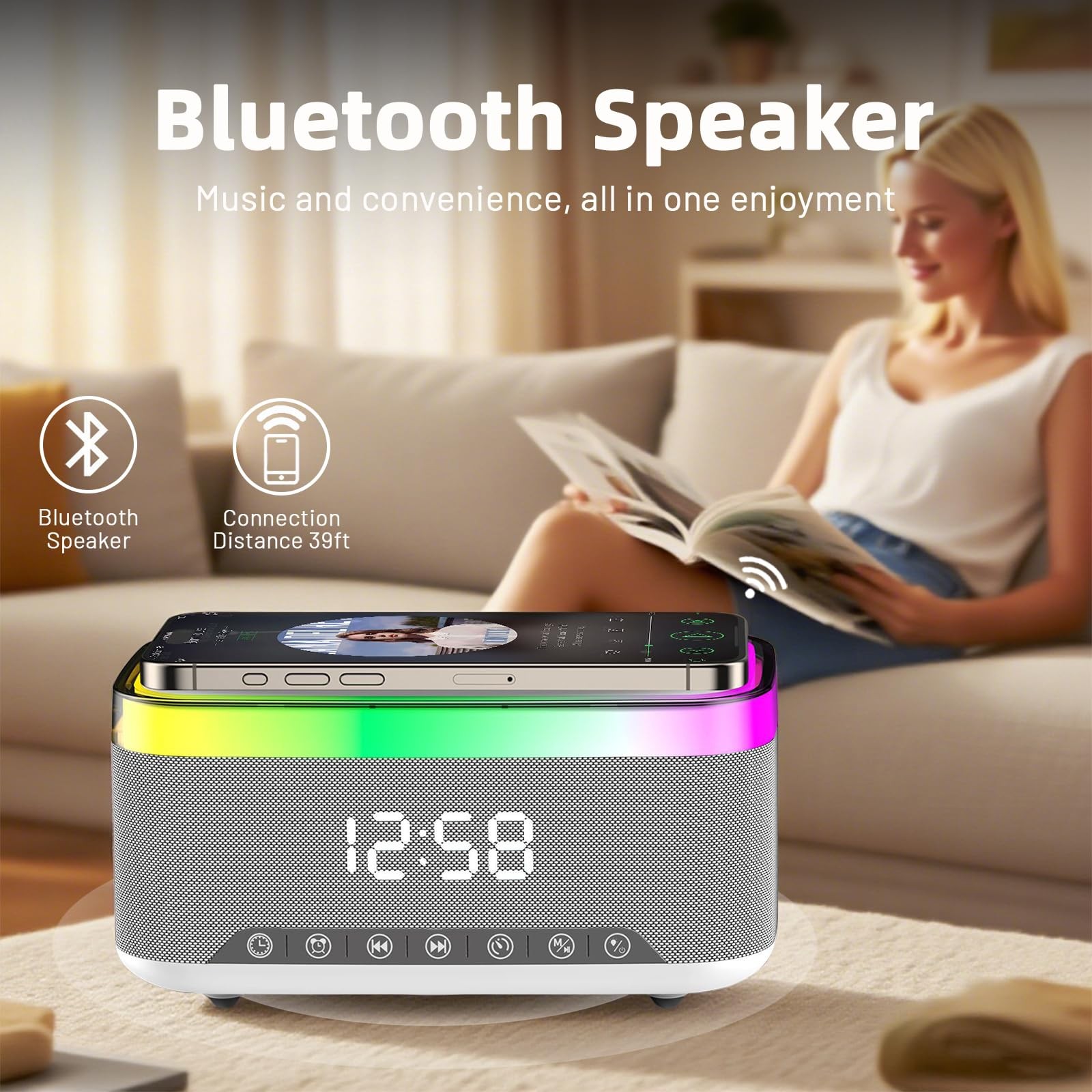 Bluetooth Speaker with Wireless Charging & Digital Clock, LED Display, 15W Qi…