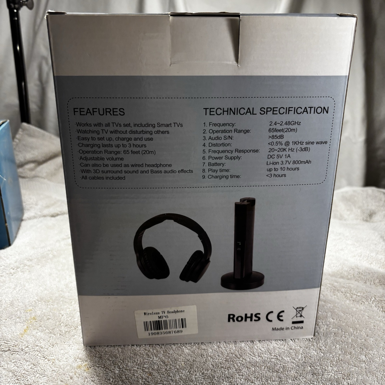 Wireless Headphones for TV Watching with 2.4G RF Transmitter Charging Black