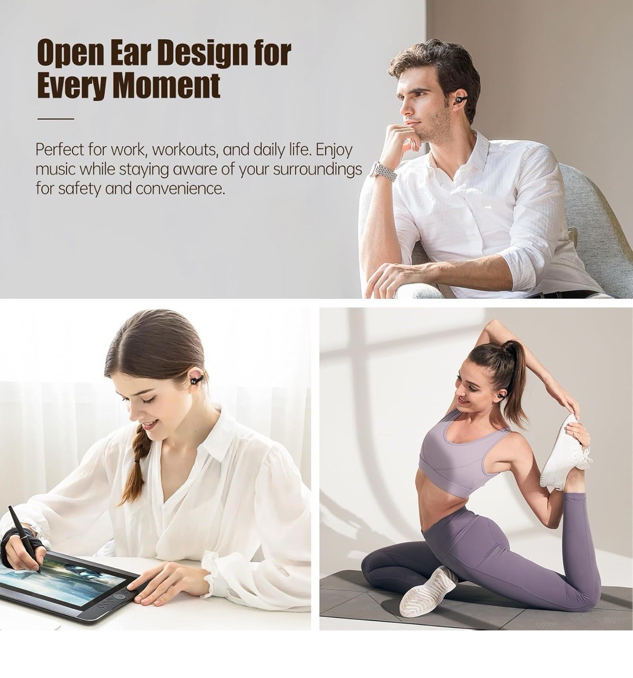 T18 Bluetooth Ear-Hook Clip-On Wireless Earbuds w/ LED Case, Mic, Touch, Black