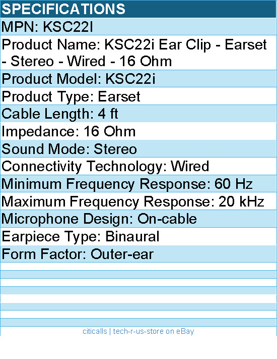 Koss KSC22i Ear Clip – Earset – Stereo – Wired – 16 Ohm – 60 Hz to 20 kHz