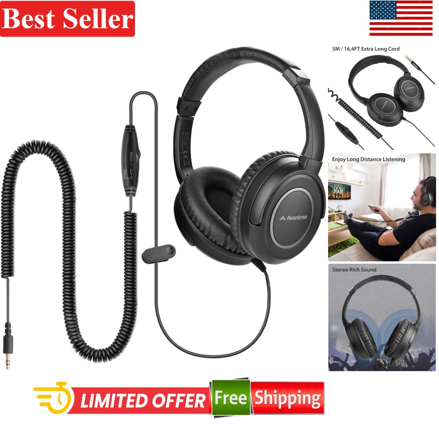 Wired Over Ear Headphones with 3.5mm AUX 40mm Drivers for TV PC 16.4ft Coiled…