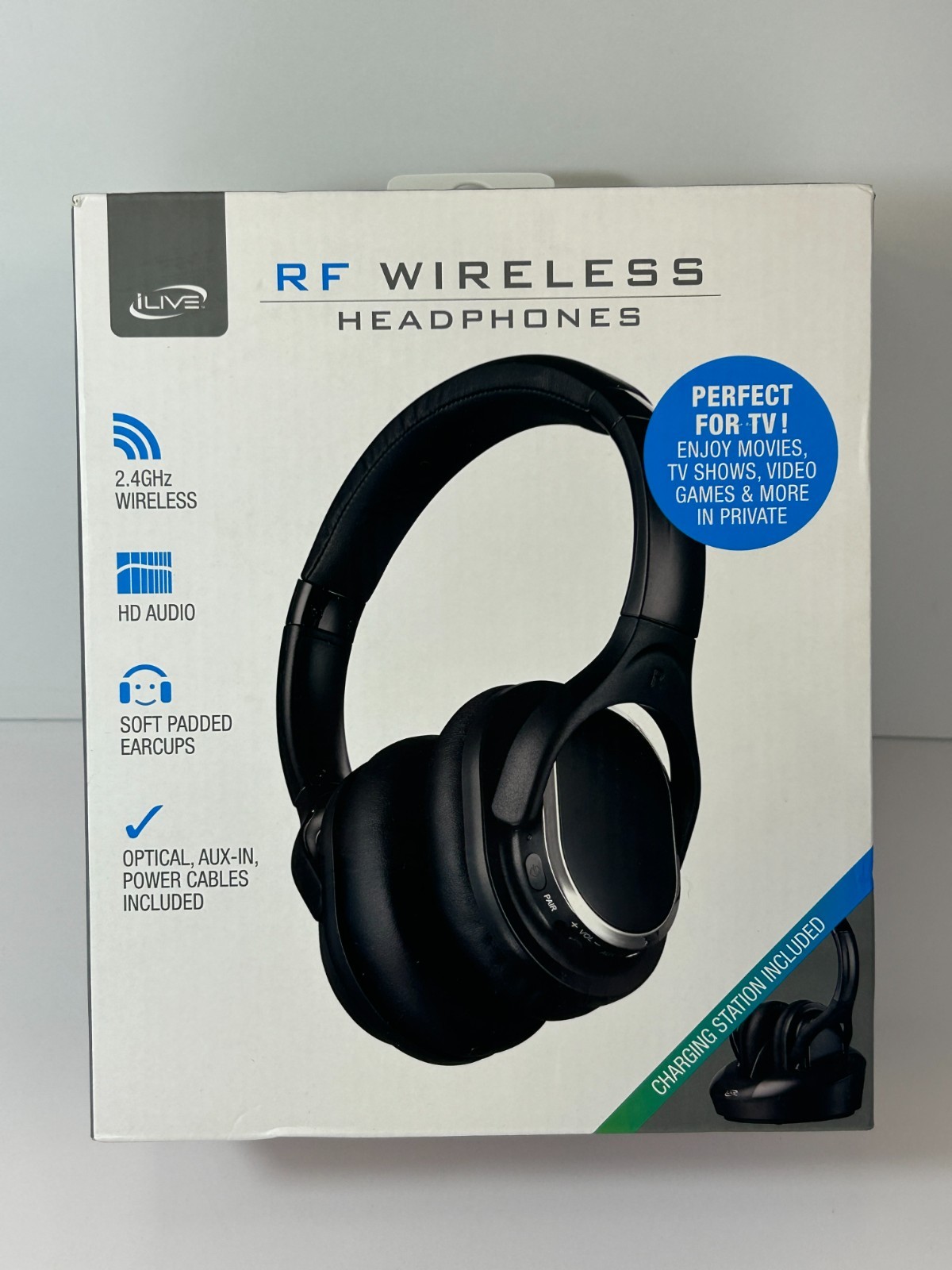 iLive RF Wireless Over Ear Headphones 2.4GHz HD Audio Charging Dock IAHRF79B
