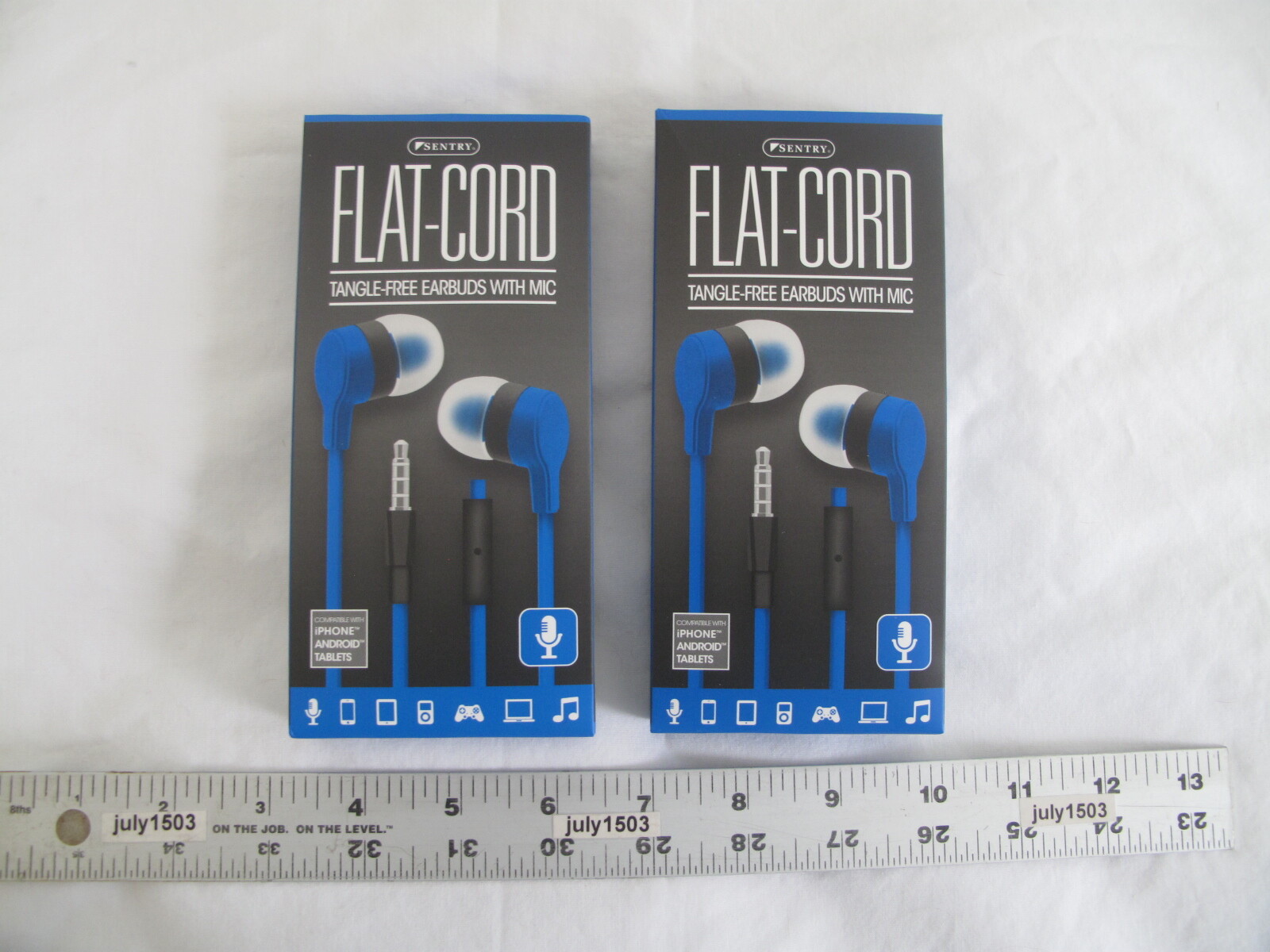 (2) NEW Sentry Flat-Cord Tangle Free Earbuds w/Mic – BLUE -iPhone Android Tablet