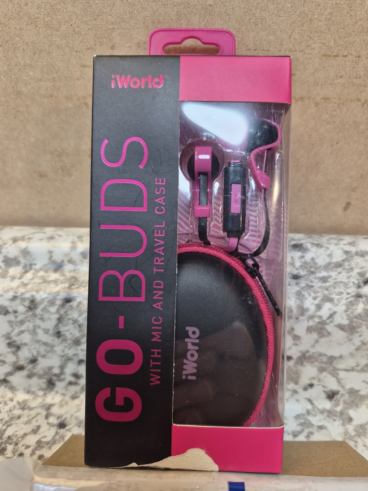 iWorld GO-BUDS In-Ear Wired Headphones with Mic & Travel Case – Pink/Black NEW