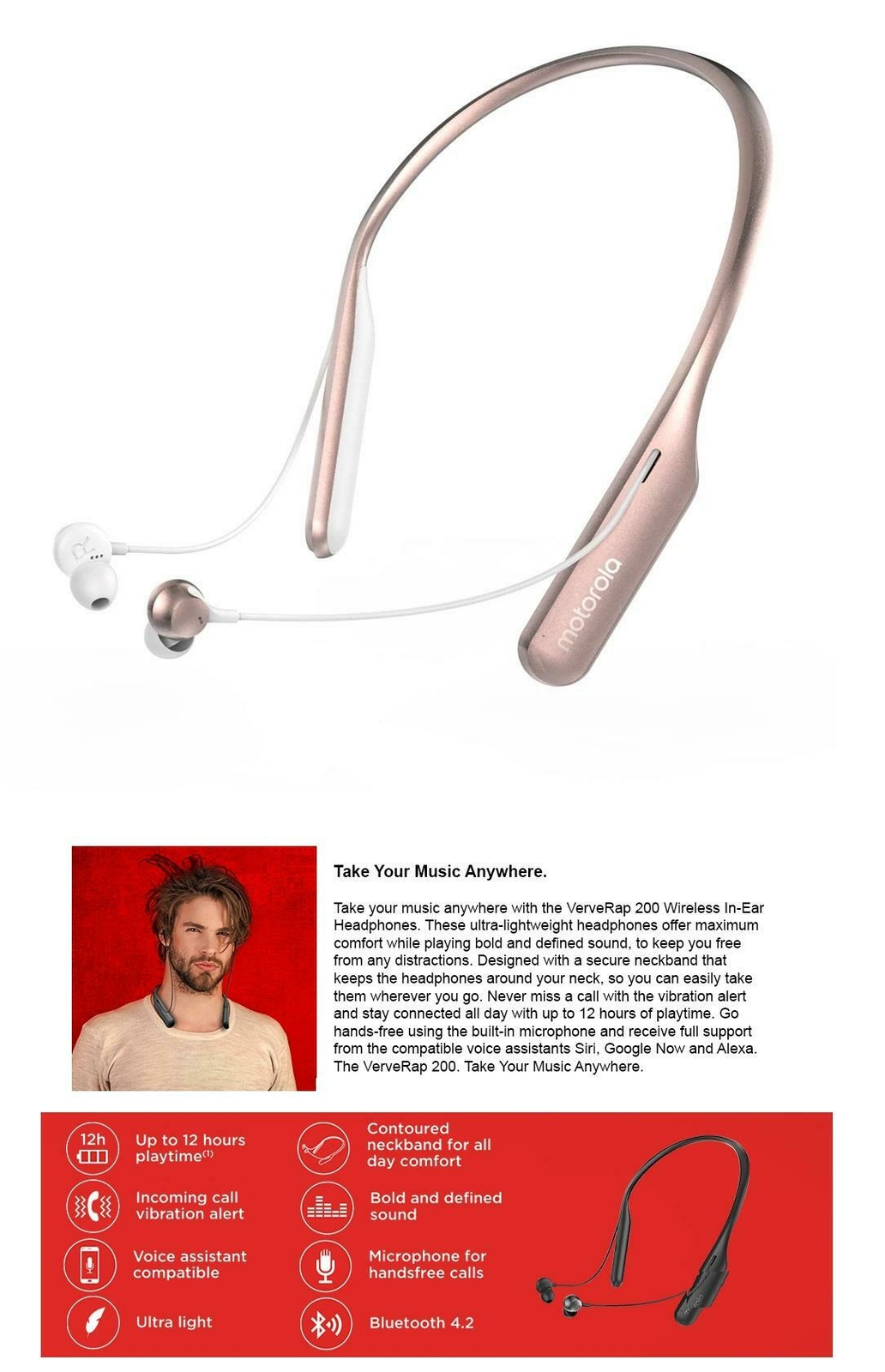 Motorola Pace 200 In-Ear Metal Rich HD Sound Headphones with Microphone