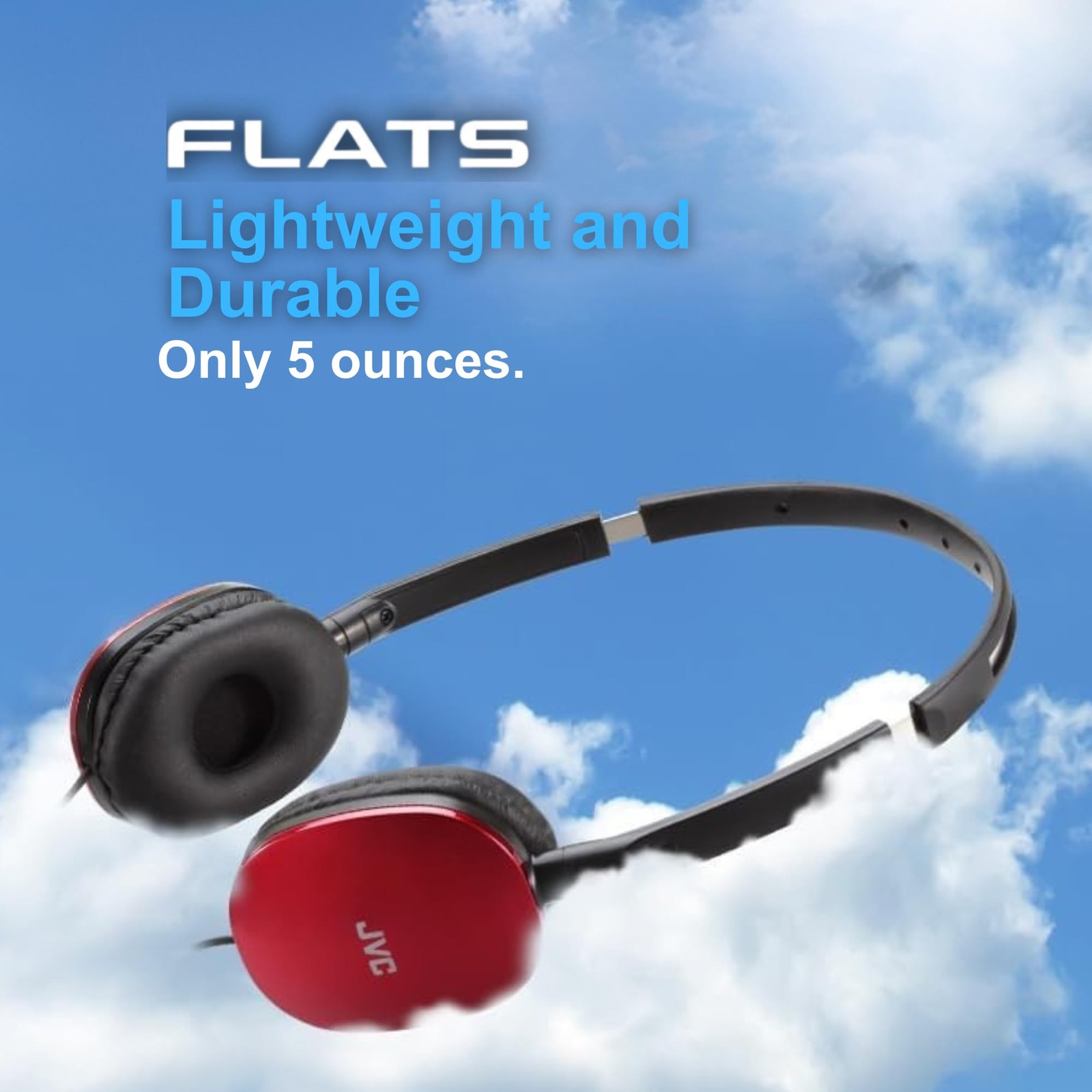 JVC Flats On-Ear Wired Headphones – Flat Foldable Design – 30mm One Size, Red