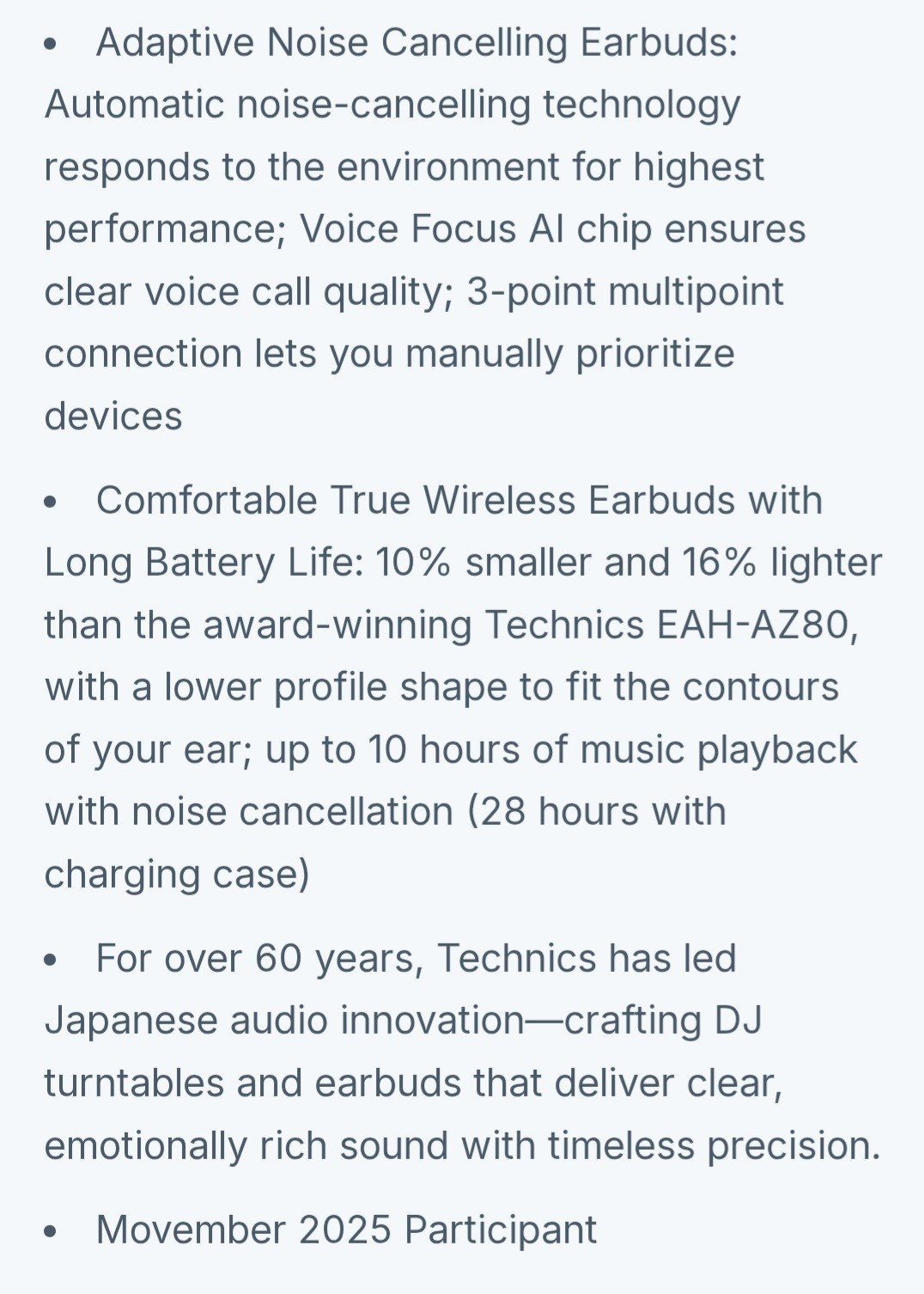 Technics EAH-AZ100-S True Wireless Bluetooth Earbuds Silver