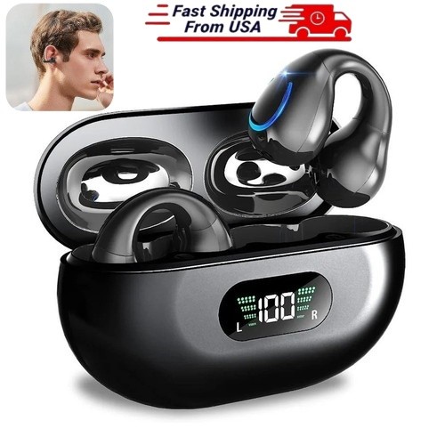 Secure Ear Hook Sports Earbuds Bluetooth 5.3 – IPX5 Waterproof, LED Display Case