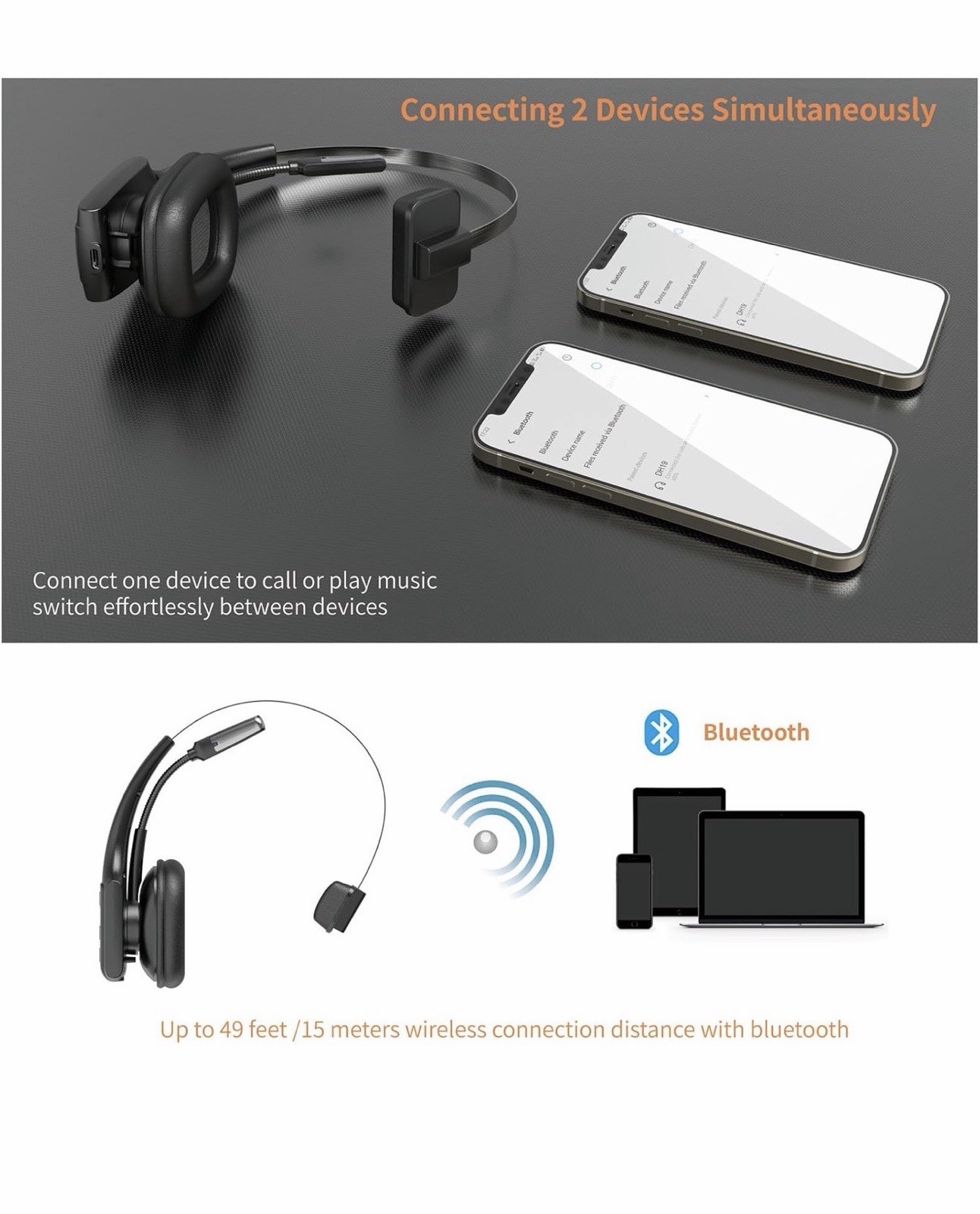 Bluetooth Noise Cancelling Mono Headband Headset w/ Boom Mic, Black/Gray