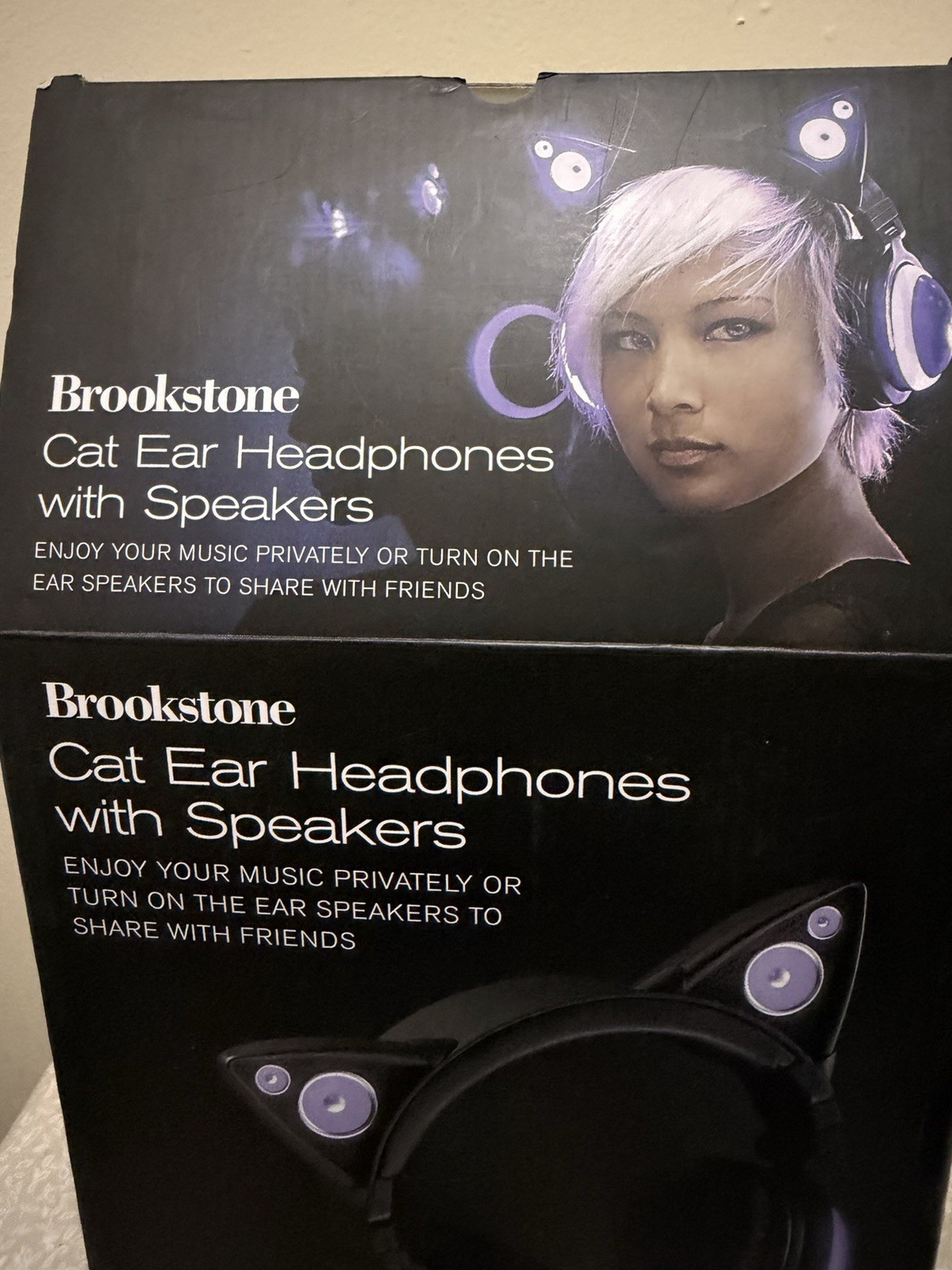 Brookstone Purple Black Cat Ear Headphones w/ Storage Case and Micro USB Cable