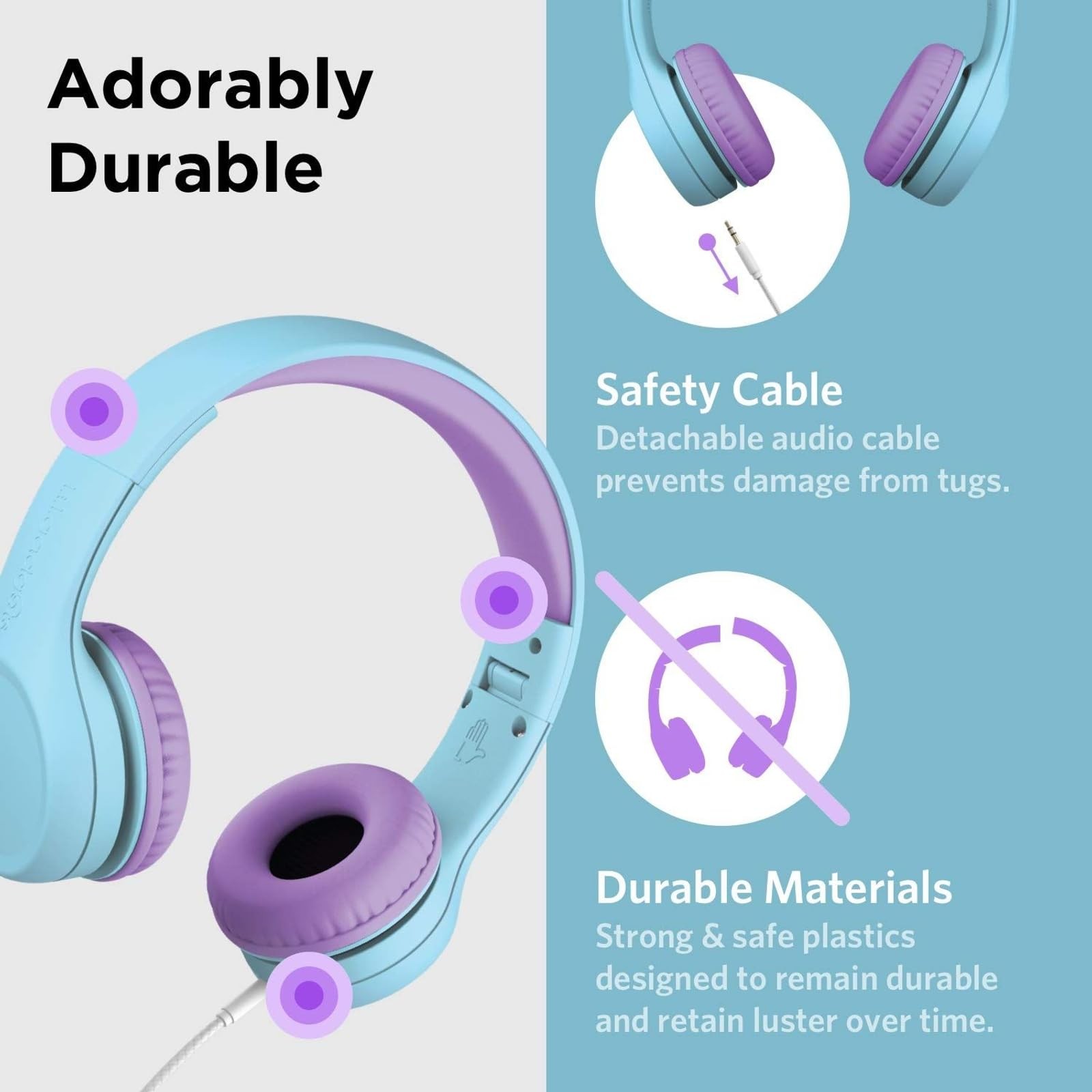 LilGadgets Connect+ Foldable Headphones, Adjustable Fit Ages 3-7, Blue/Purple