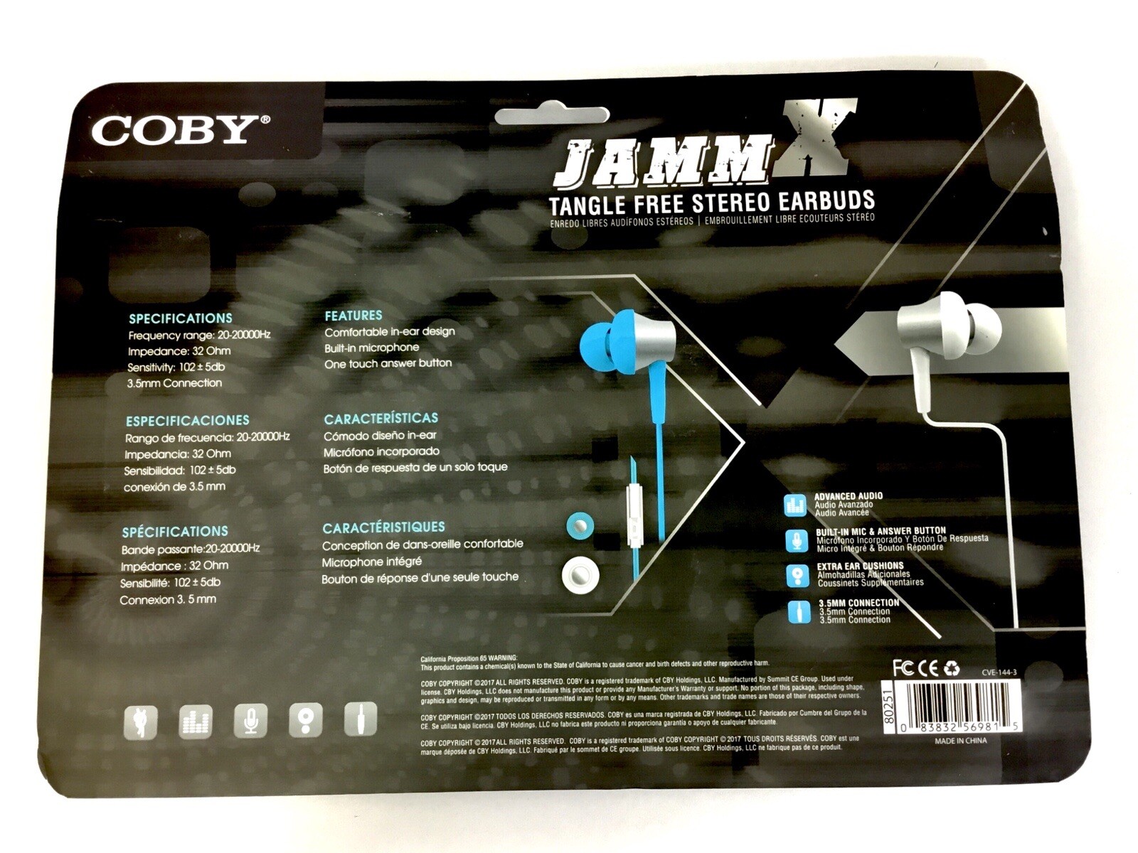 (3) – Coby JAMMX Tangle Free Stereo Earbuds Built-In Mic Black Blue White NEW