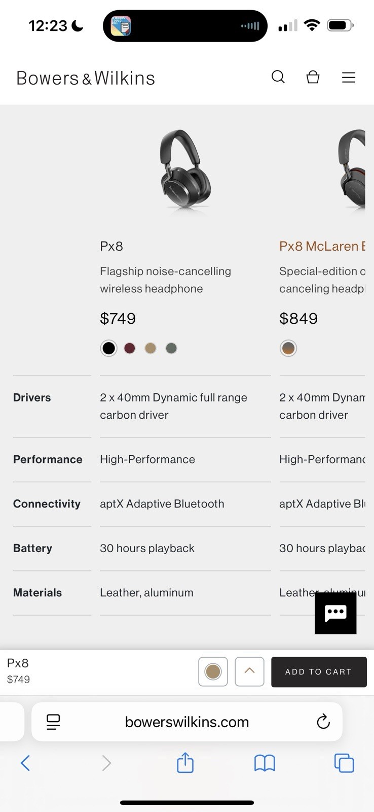 Bowers & Wilkins Px8 Wireless Bluetooth Noise-Canceling Over-Ear Headphones Gold