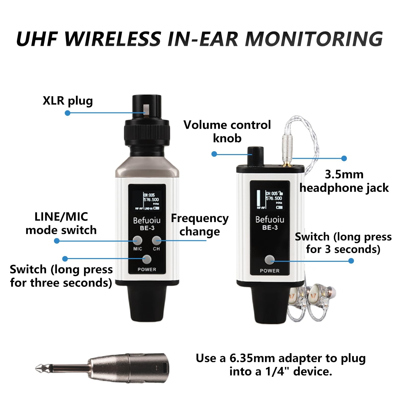 UHF Wireless In Ear Monitor System with Pro Earphone, Metal 1 White
